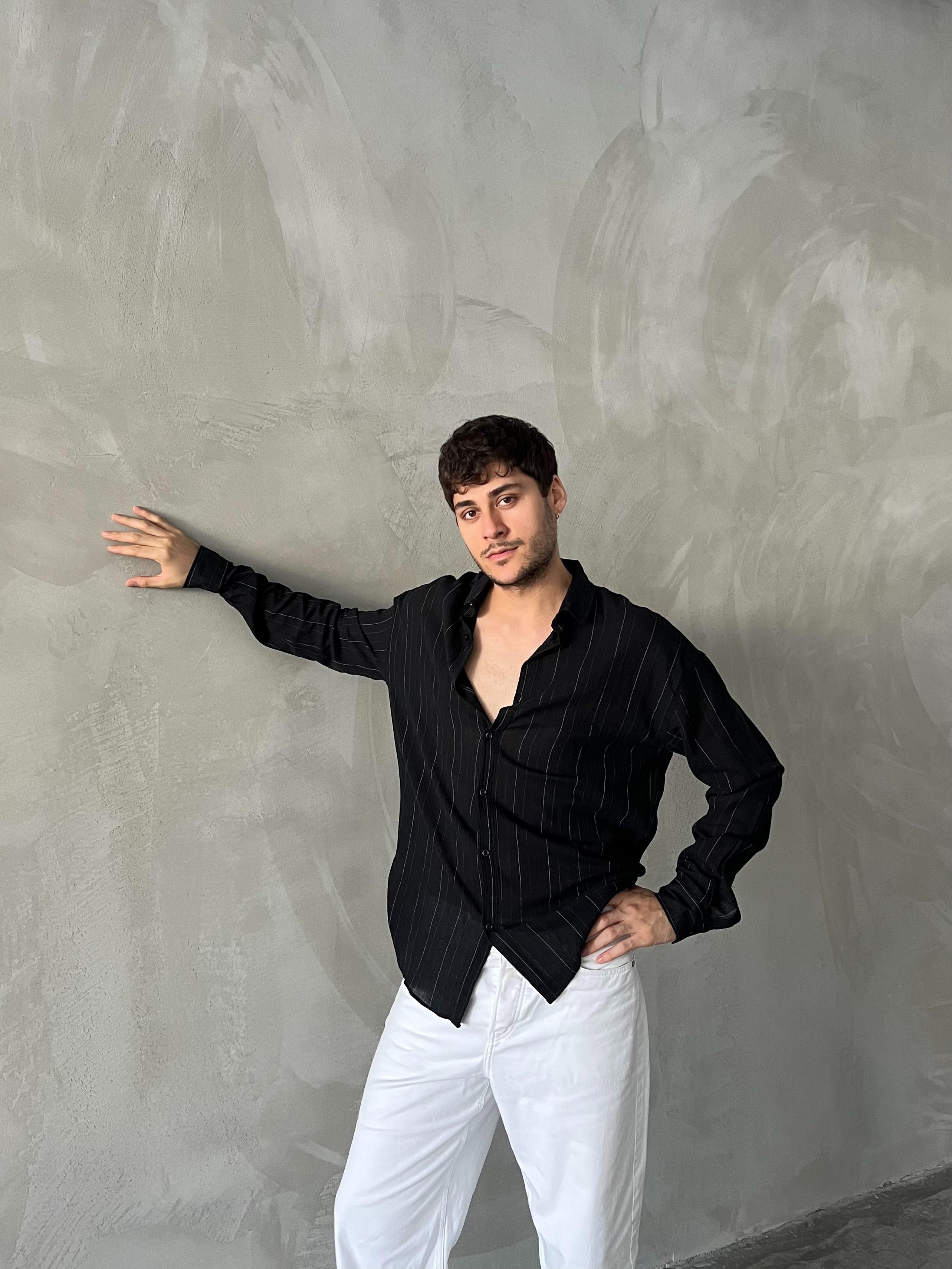 Küçük Çizgili Oversize Gömlek - Siyah