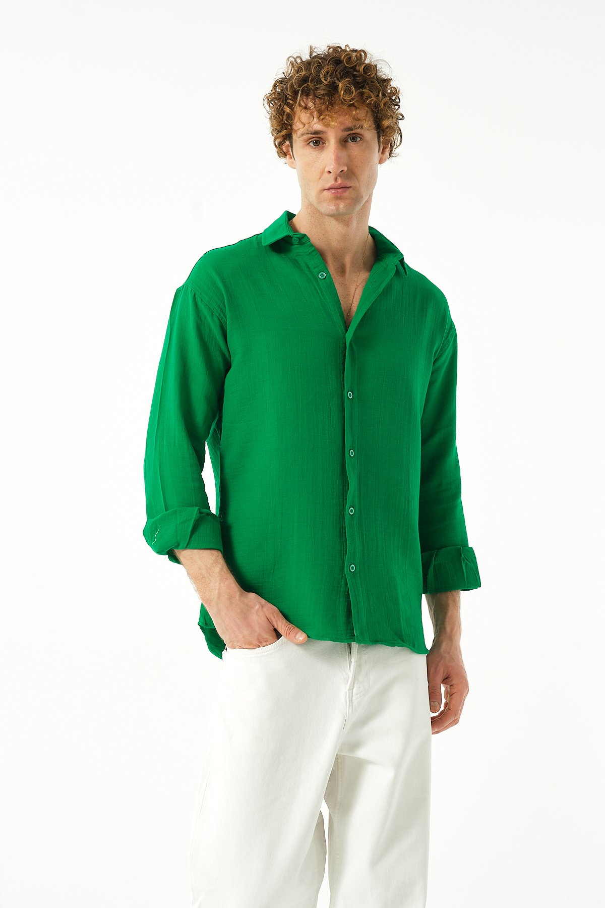 Basic Rahat Kalıp Keten Gömlek - Yeşil