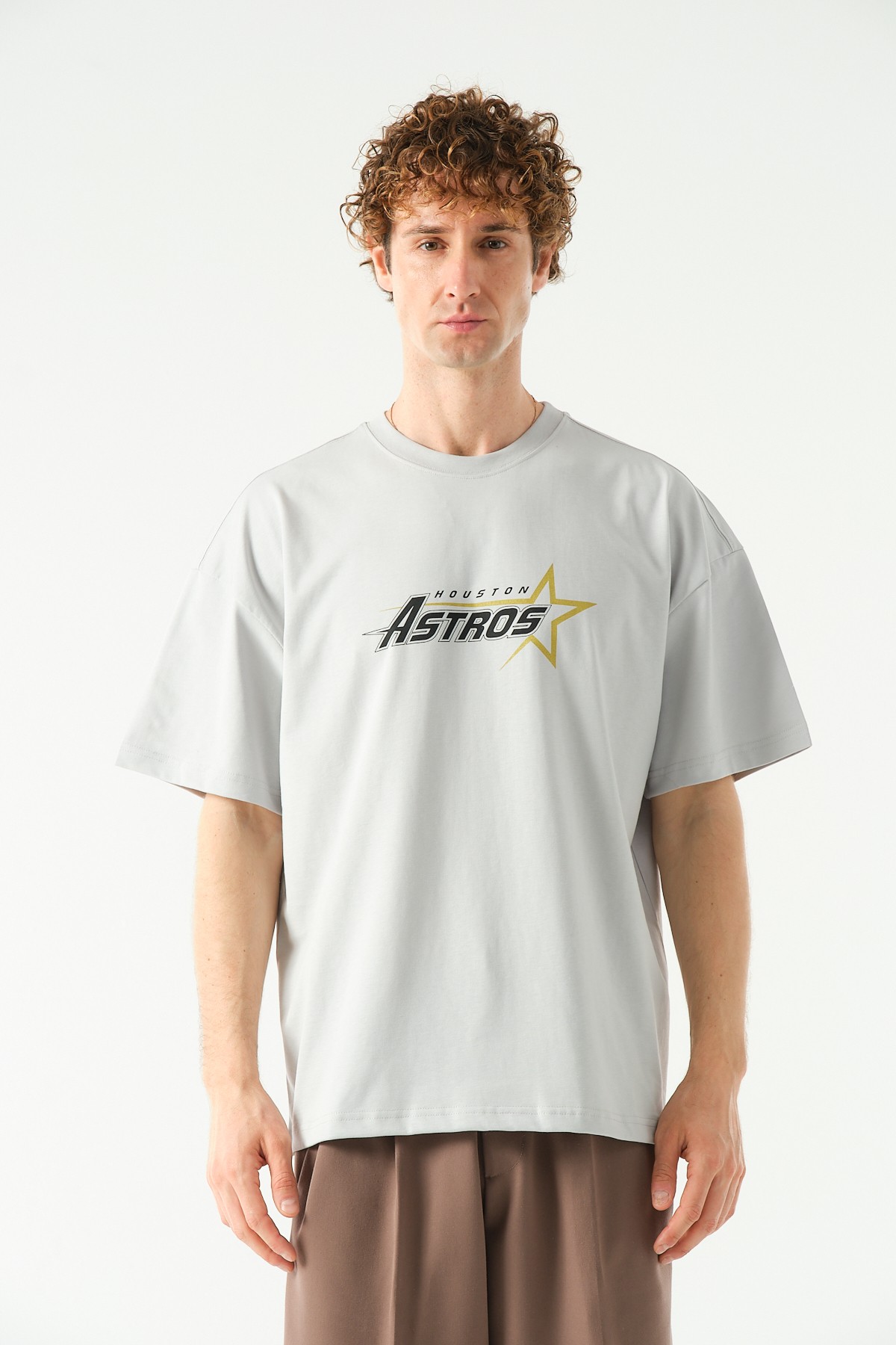 Astros Baskılı Oversize Baskılı T-shirt - Açık Gri