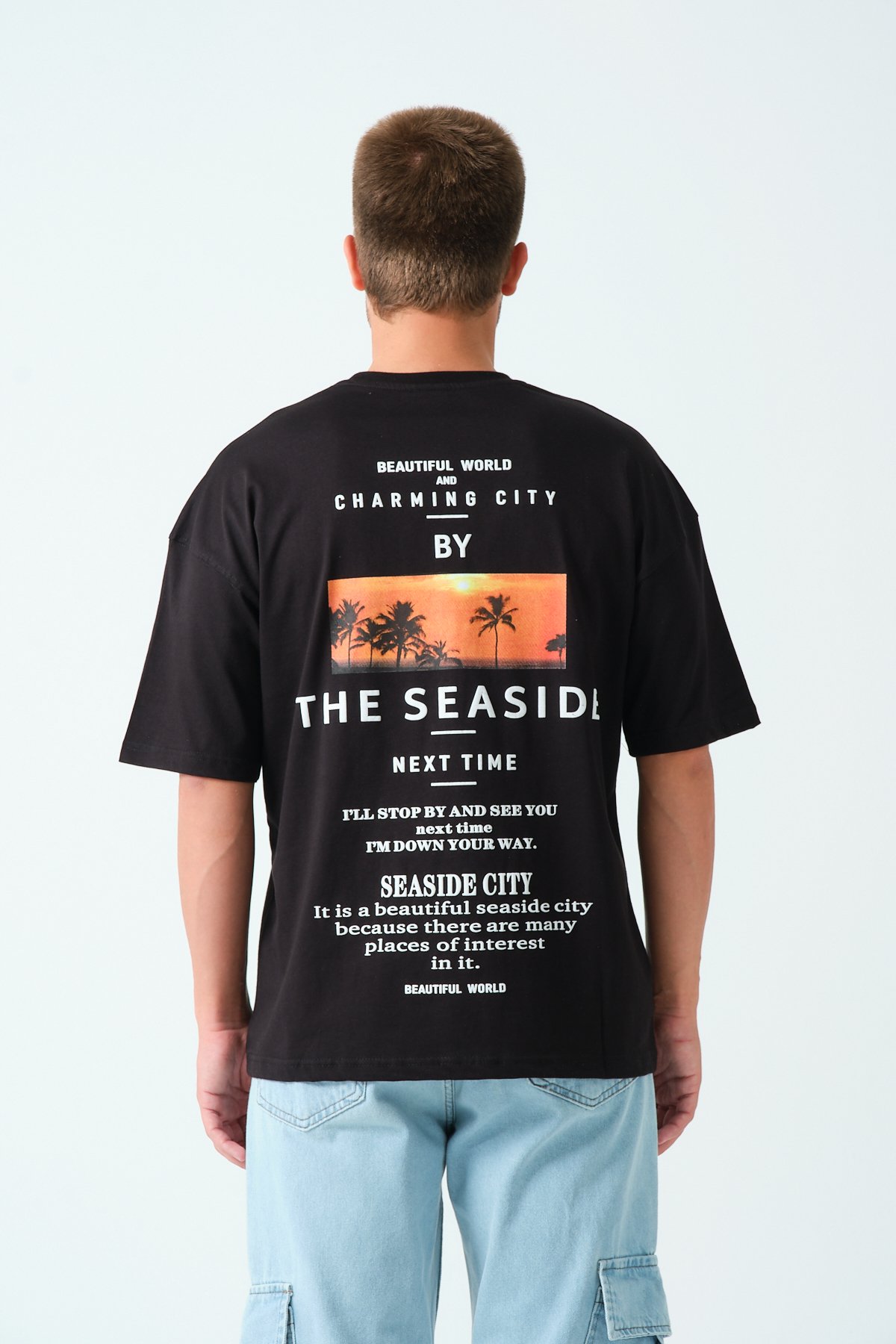 The Seaside Baskılı Oversize T-shirt - Siyah