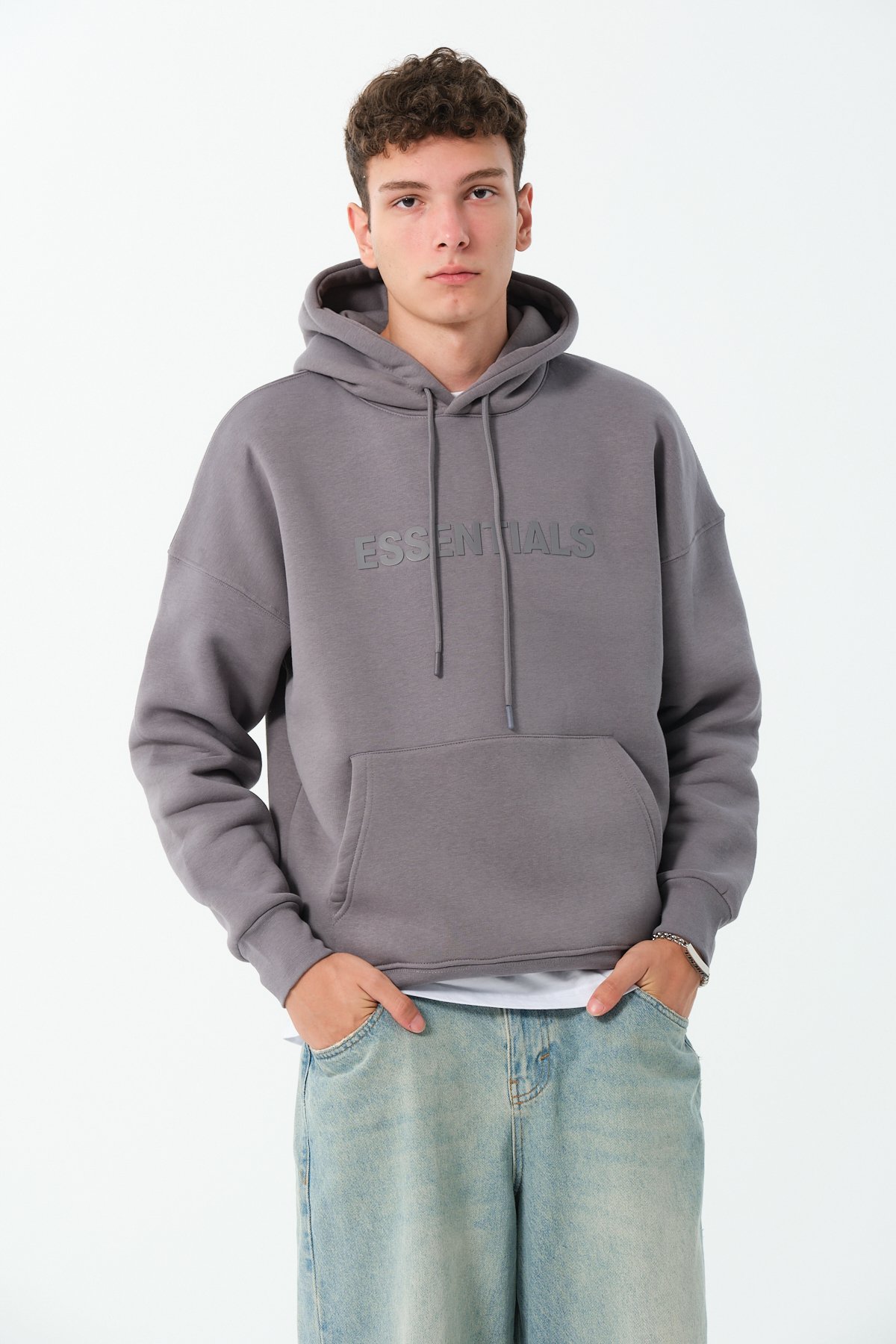 Essentials Enjeksiyon Baskılı Oversize Hoodie - Füme