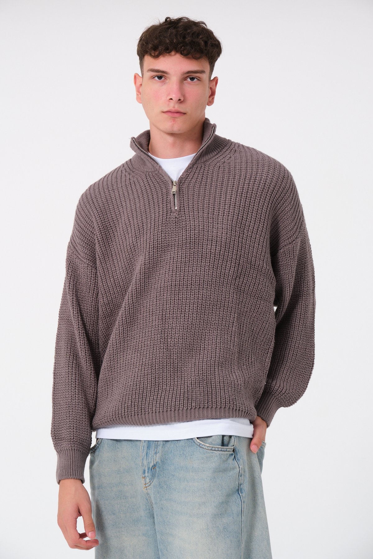 Yarım Fermuarlı Oversize Kazak