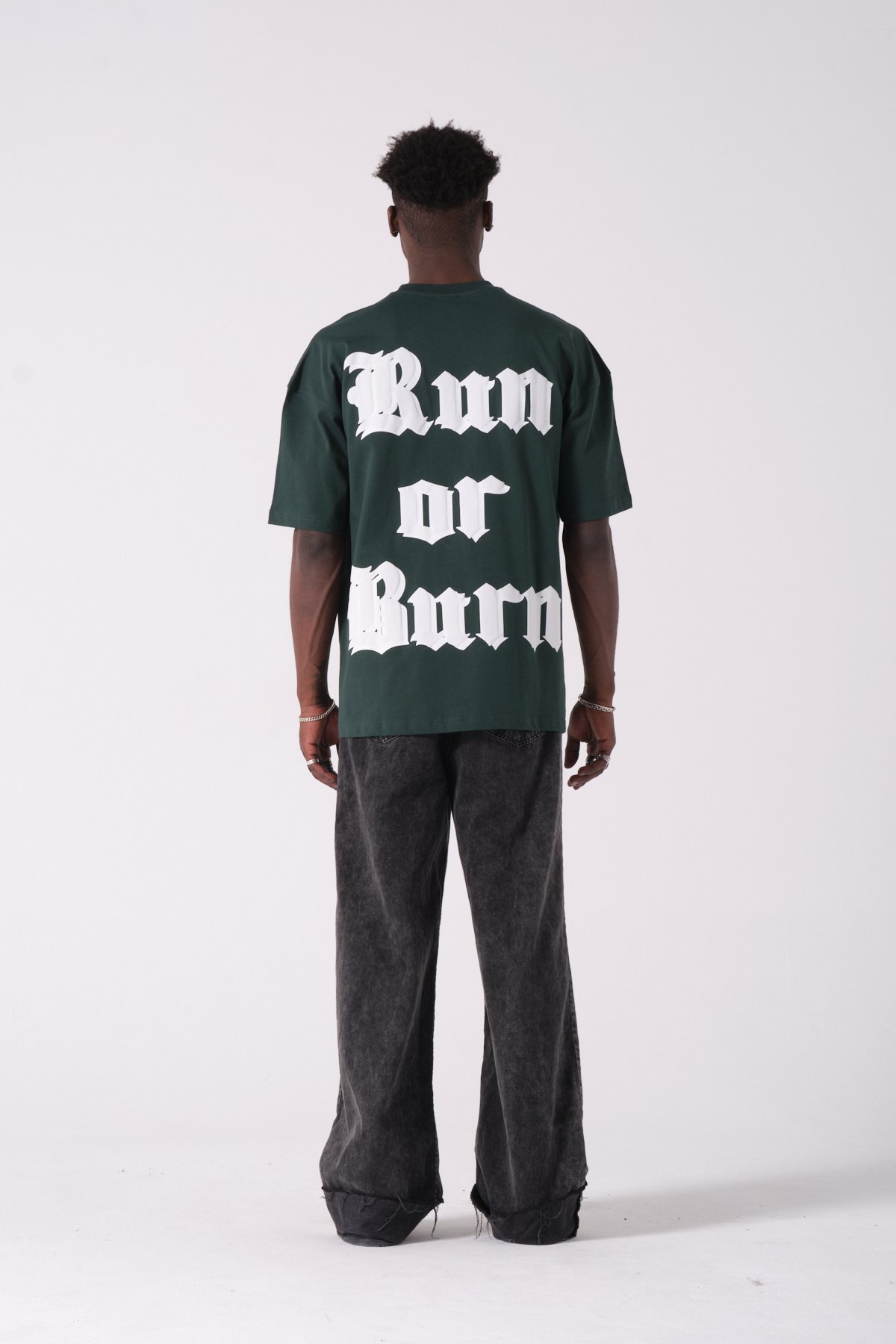 Run or Burn Baskılı Oversize T-shirt - Koyu Yeşil