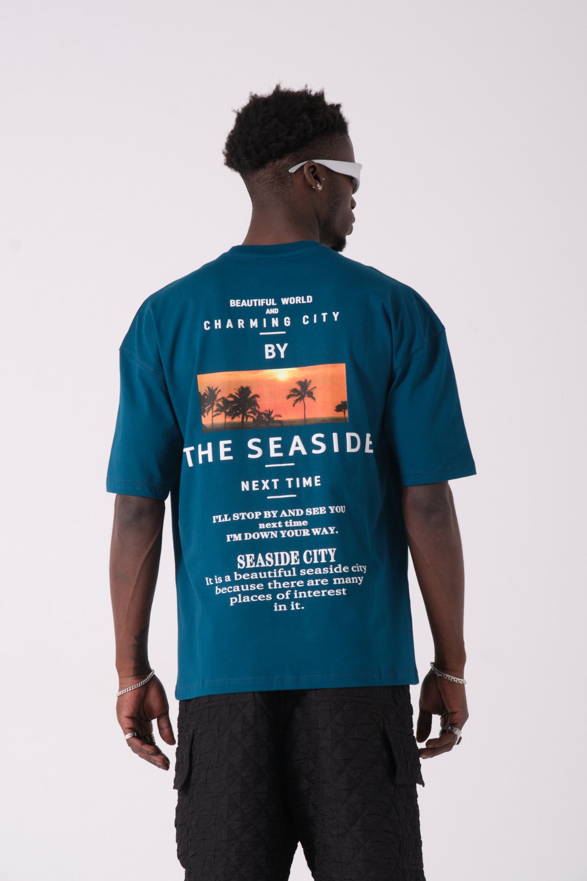 The Seaside Baskılı Oversize T-shirt - Petrol Mavi