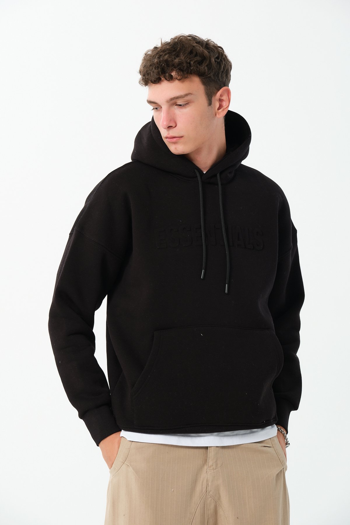 Essentials Kabartma Baskılı Oversize Hoodie