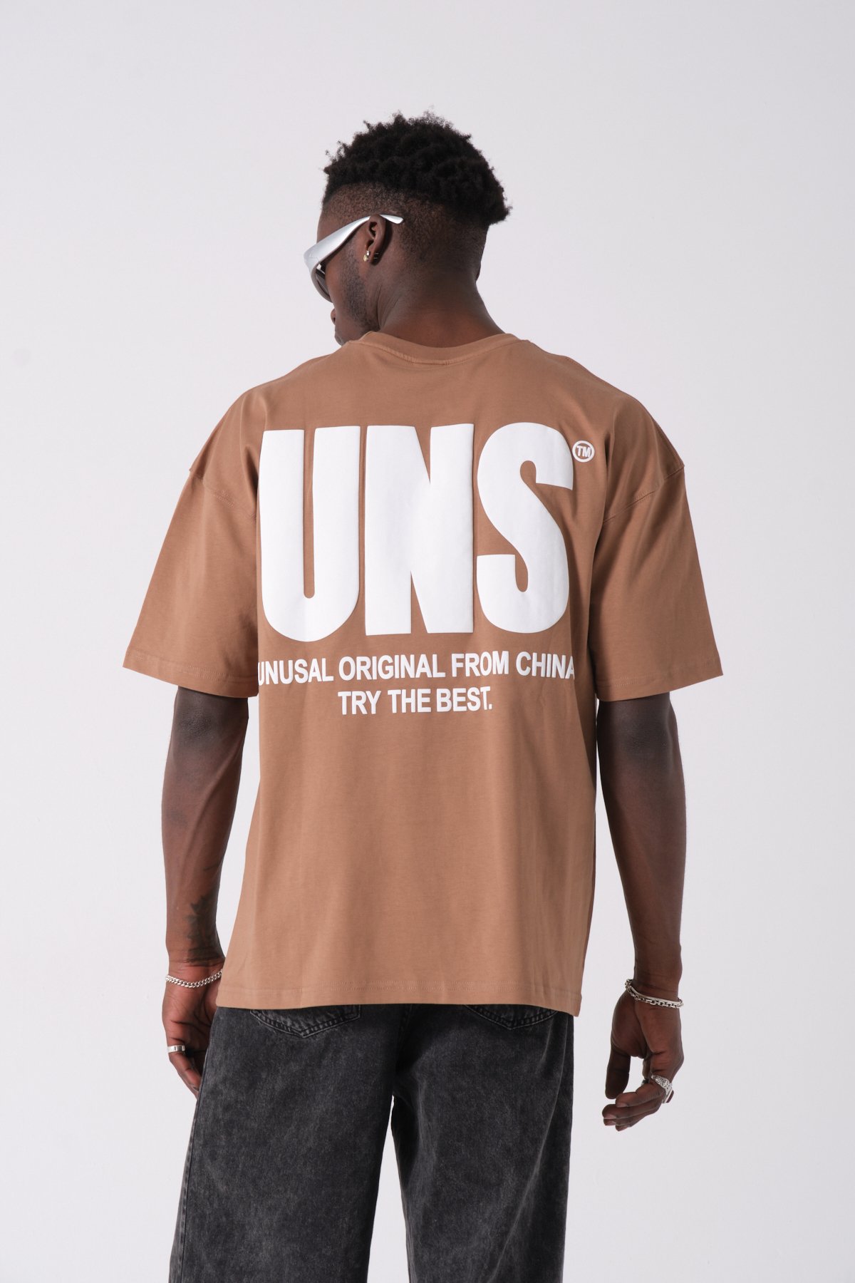 UNS Baskılı Oversize T-shirt - Açık Kahverengi
