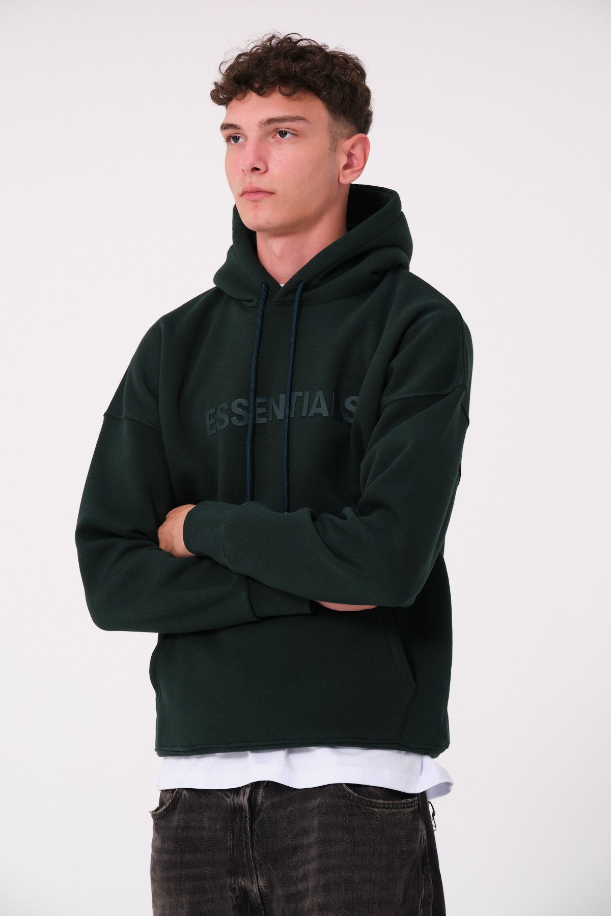 Essentials Enjeksiyon Baskılı Oversize Hoodie - Koyu Yeşil