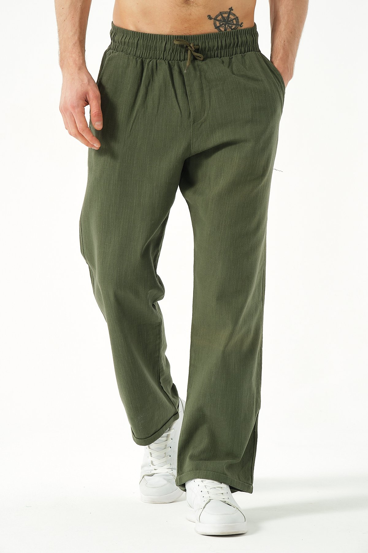 Keten Bol Paça Pantolon - Yeşil