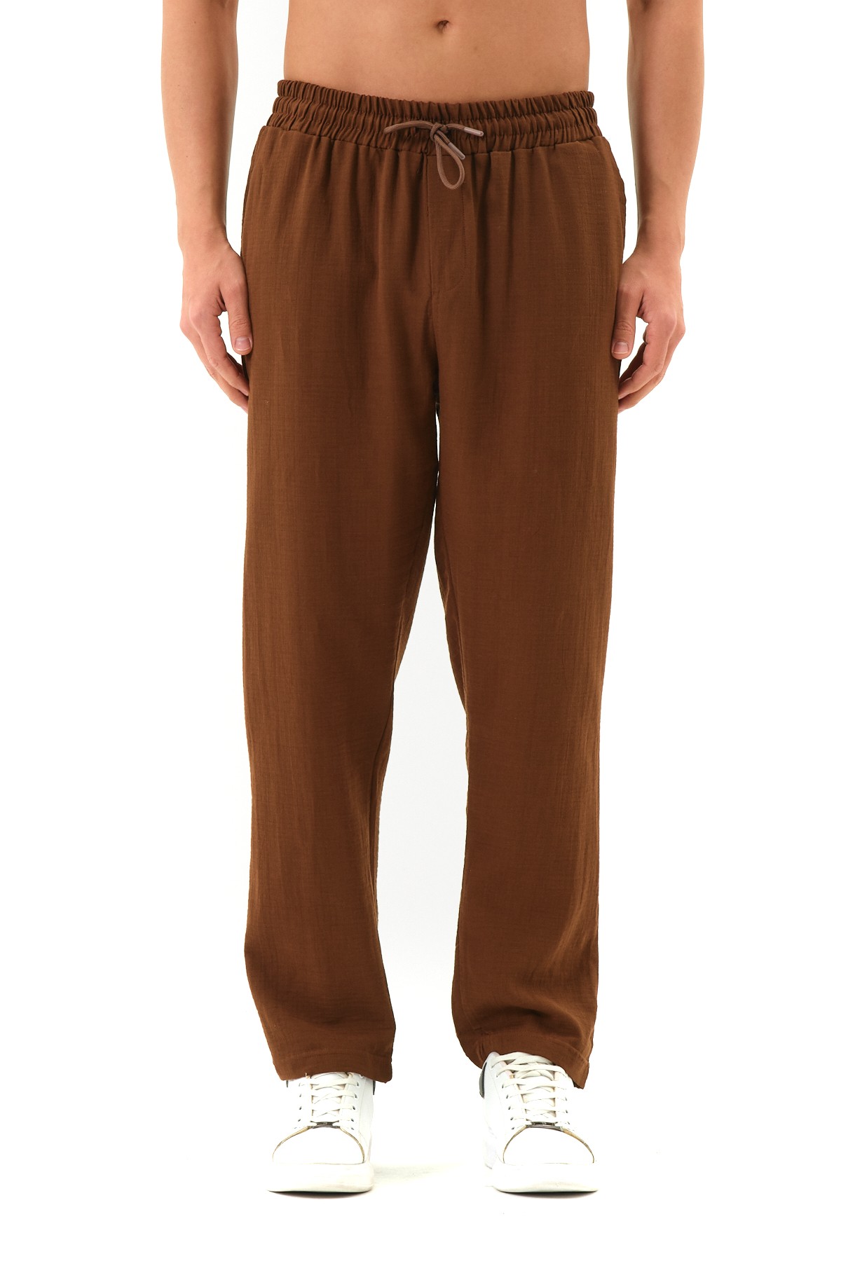 Oversize Keten Pantolon - Kahverengi