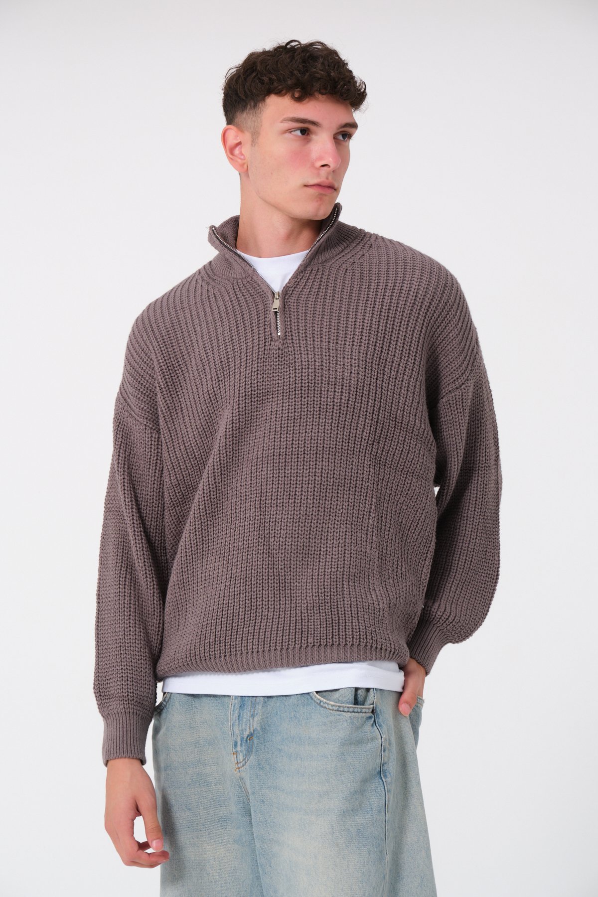 Yarım Fermuarlı Oversize Kazak