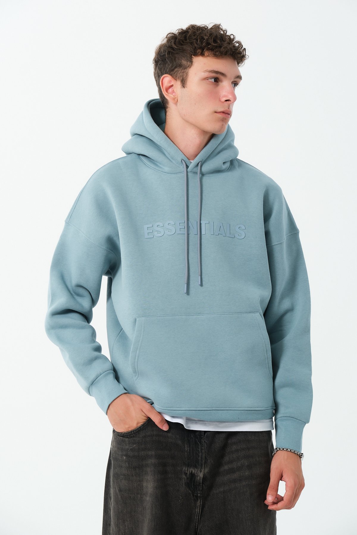 Essentials Enjeksiyon Baskılı Oversize Hoodie - safir mavi