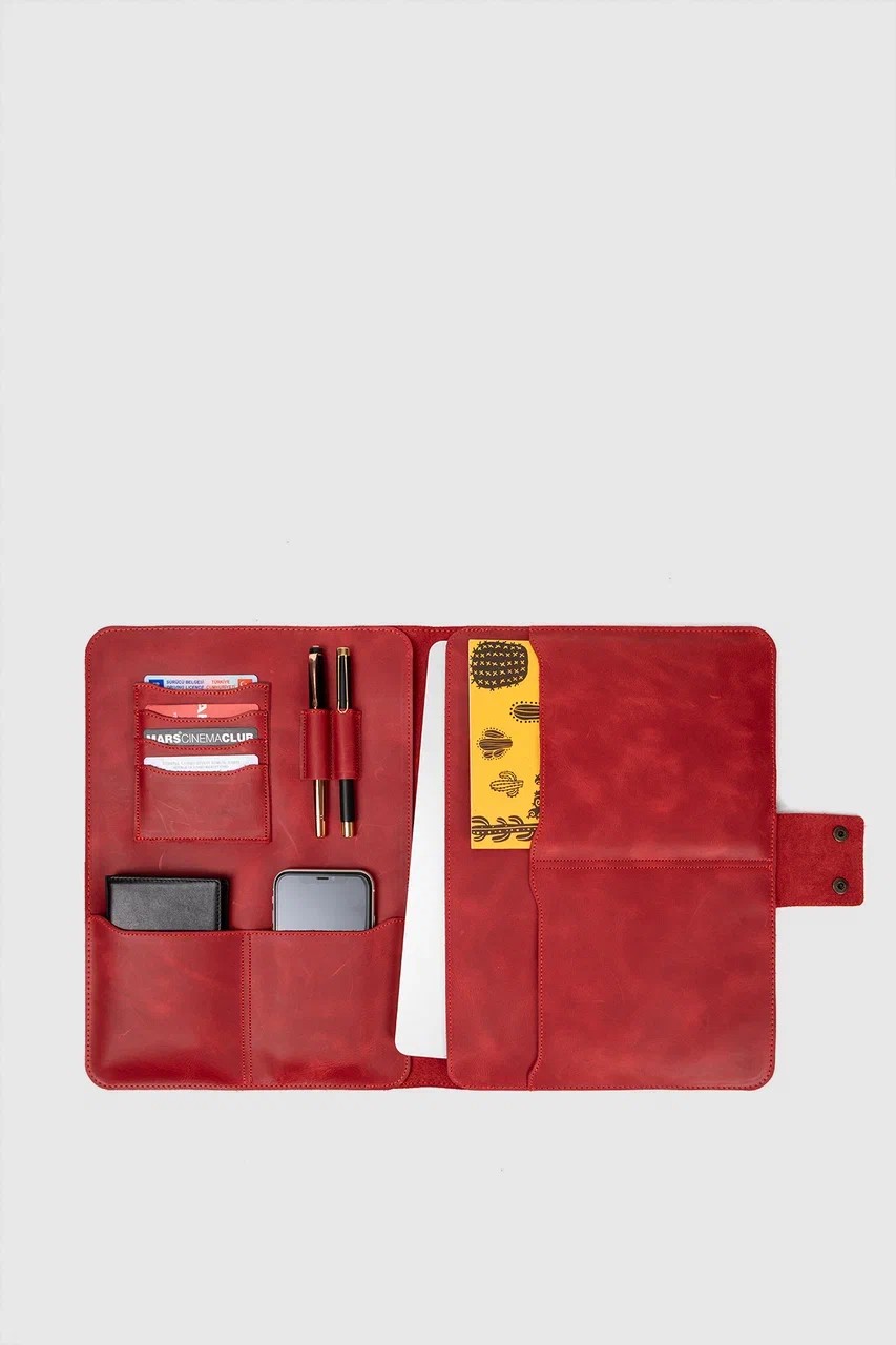 Hakiki Deri Macbook Air Pro 13-14 İnç Organizer Evrak & Laptop & Tablet Çantası - Kırmızı