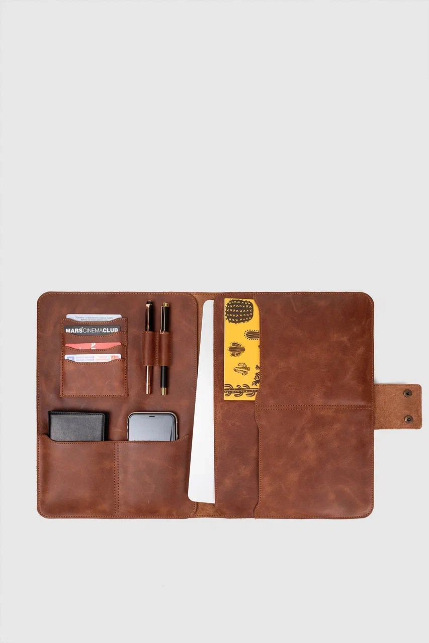 Hakiki Deri Macbook Air Pro 13-14 İnç Organizer Evrak & Laptop & Tablet Çantası - Taba