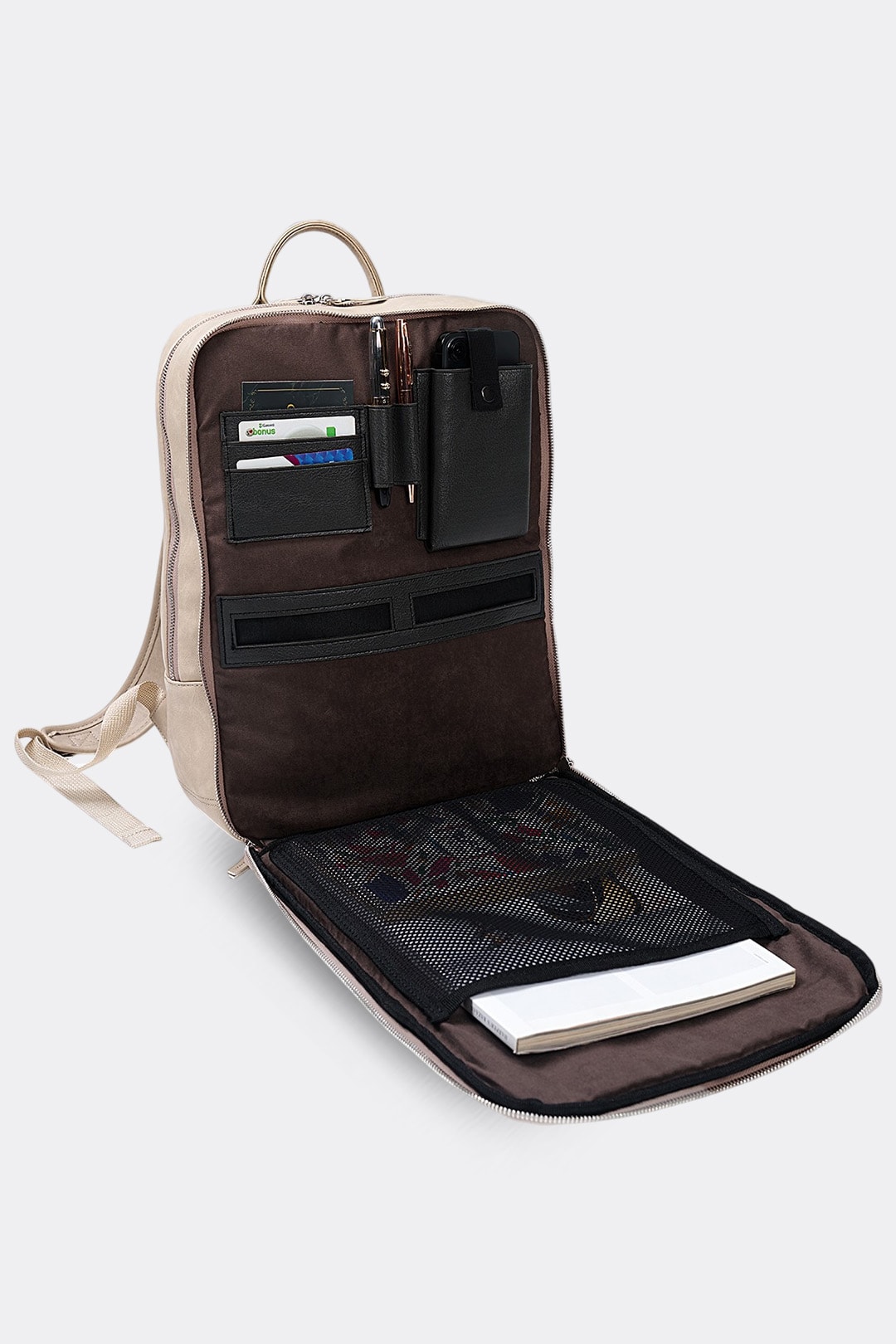 Organizer Premium Deri Sırt Laptop Çantası Unisex - Crazy Bej