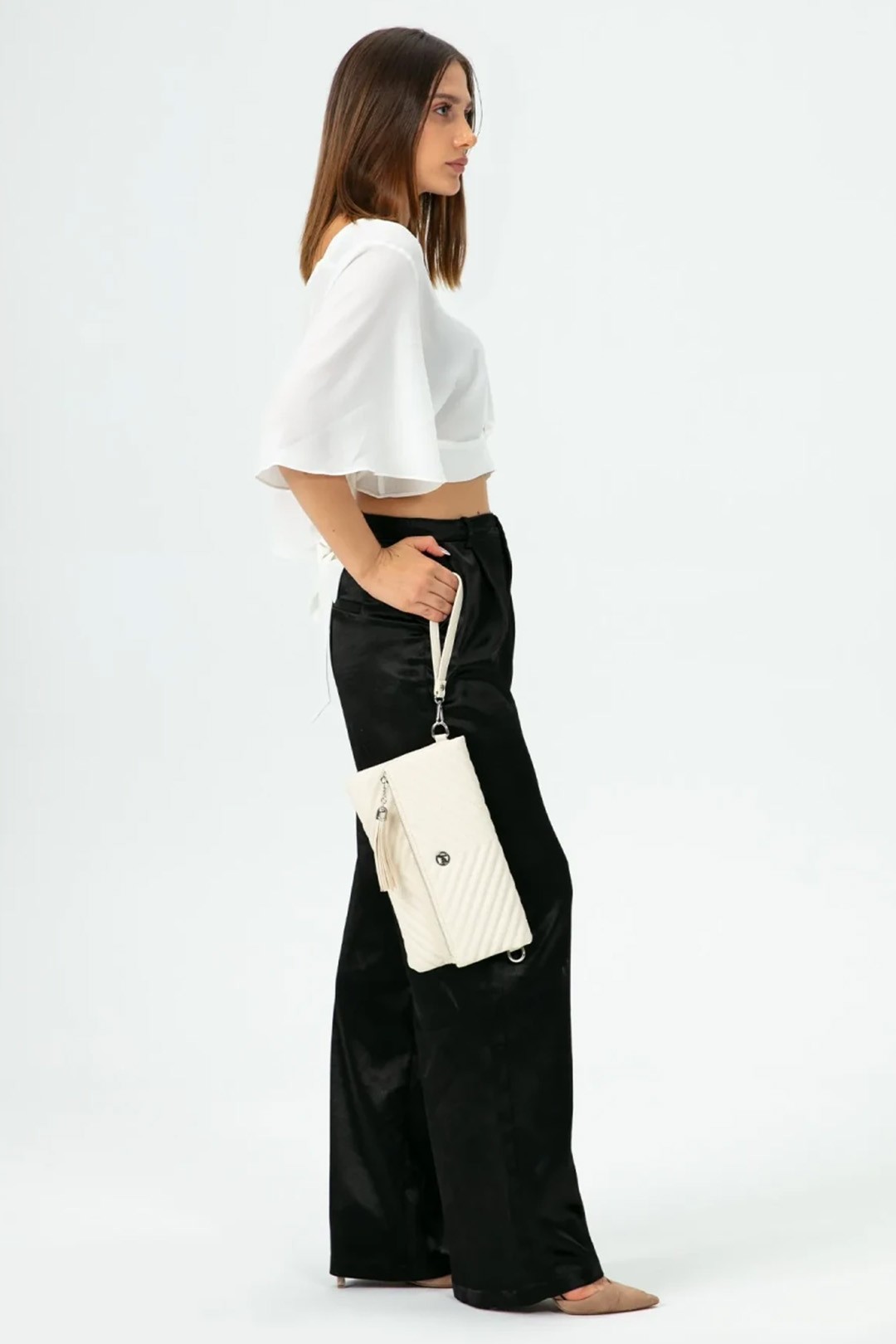 Kadın Clutch Portföy Çantası Uzun Askılı - Ekru