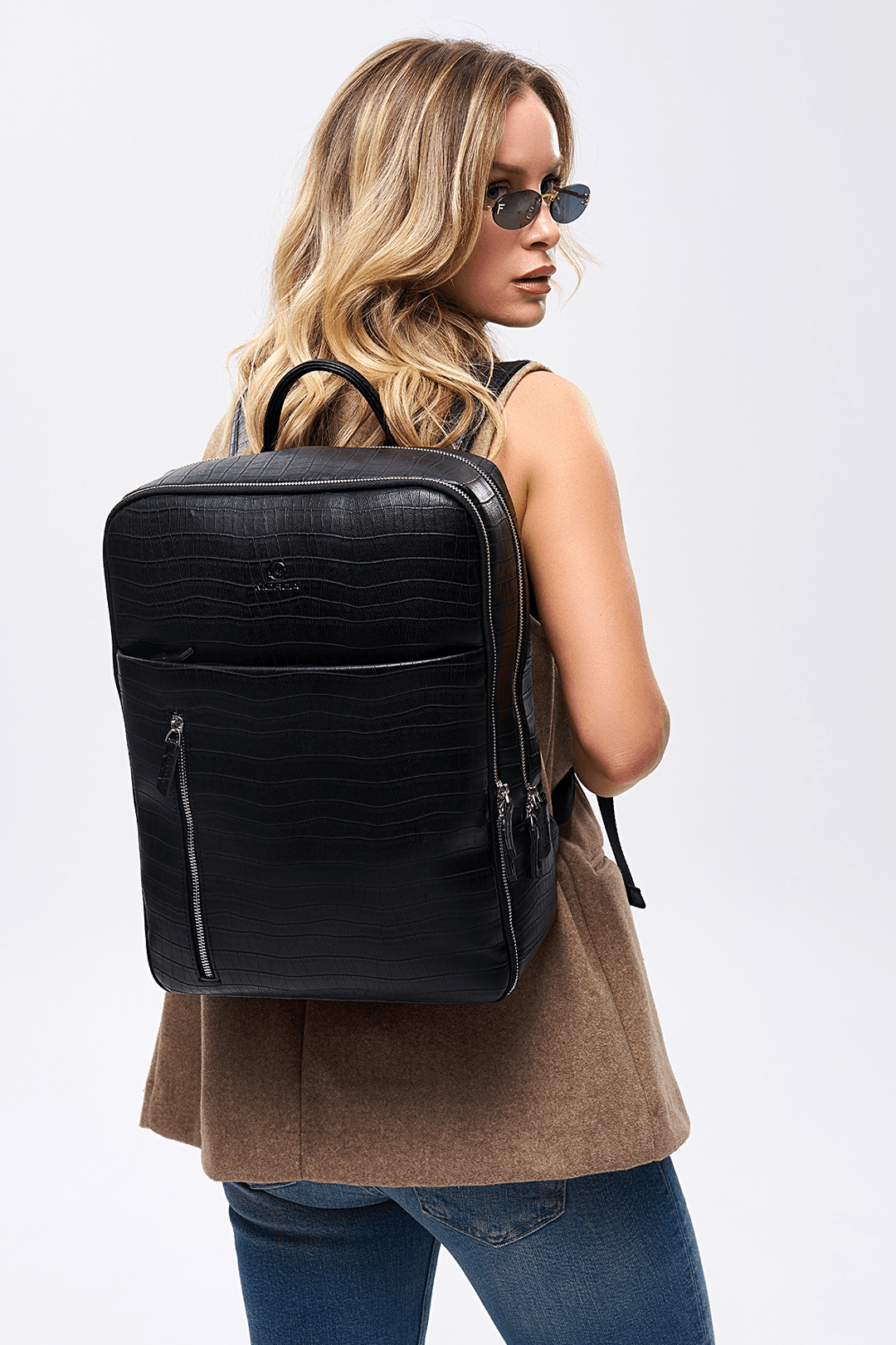 Organizer Premium Deri Sırt Laptop Çantası Unisex - Siyah Kroko