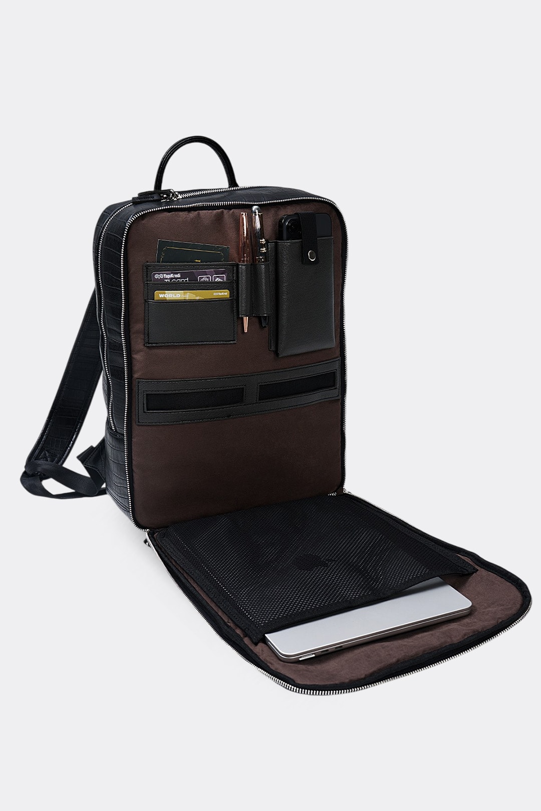 Organizer Premium Deri Sırt Laptop Çantası Unisex - Siyah Kroko