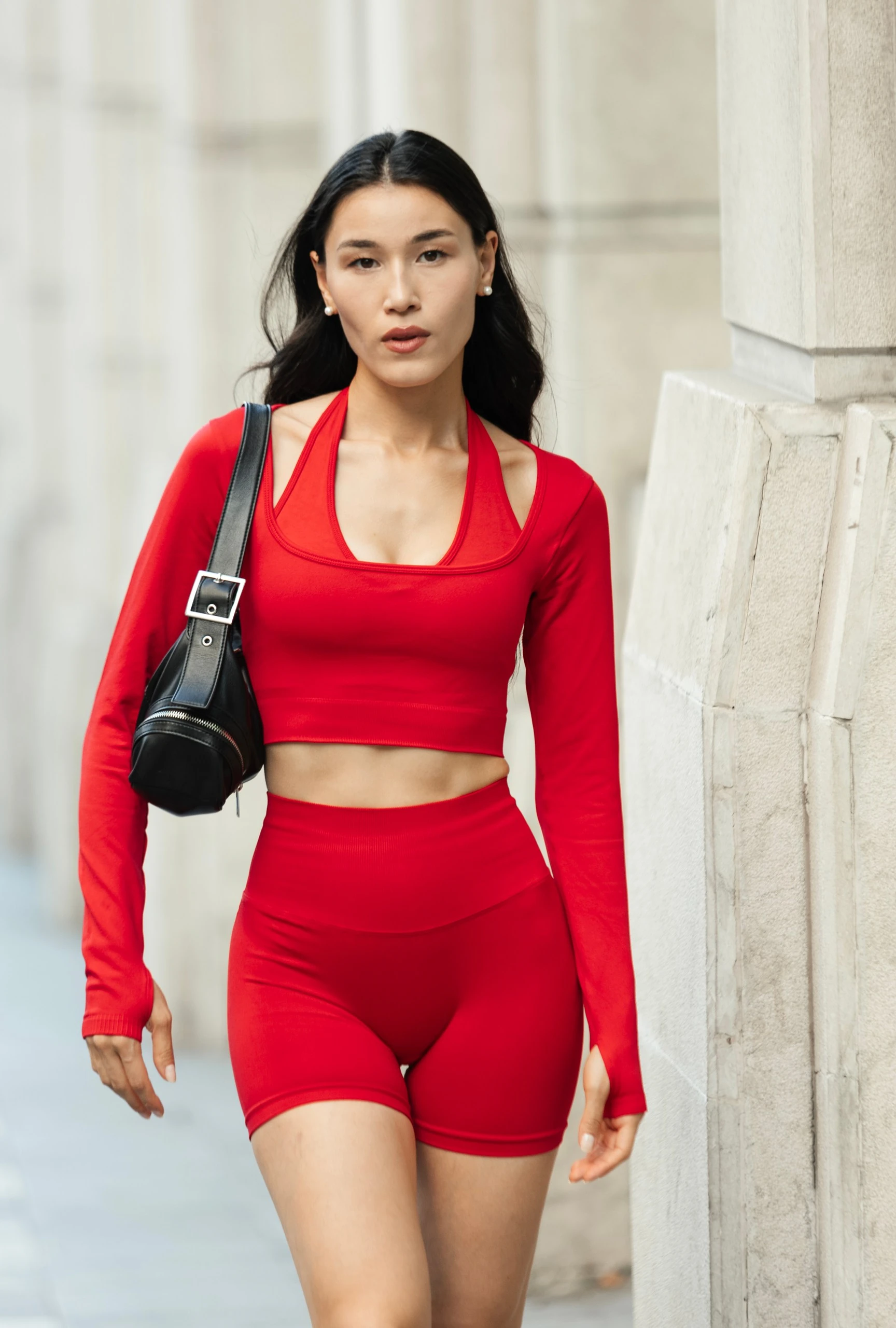  Parmak Detaylı Uzun Kollu Crop Top - Kırmızı