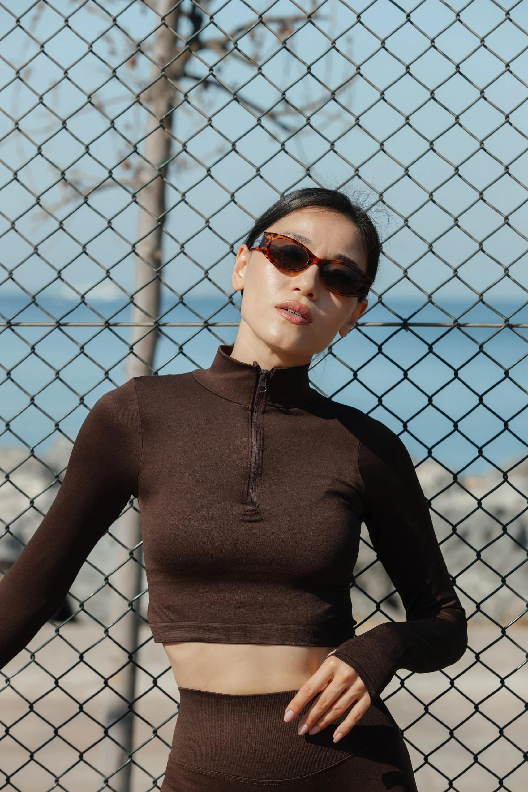  Parmak Detaylı Yarım Fermuar Crop Top  - Acı Kahverengi