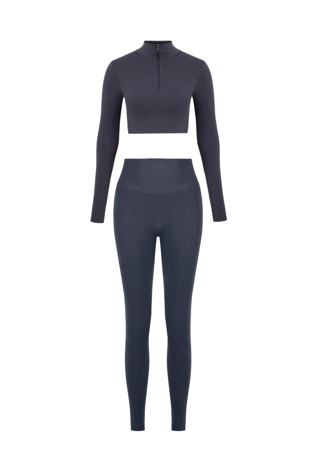 Uzun Kollu Yarım Fermuar Büstiyer Ve Push Up Tayt Takım - Füme