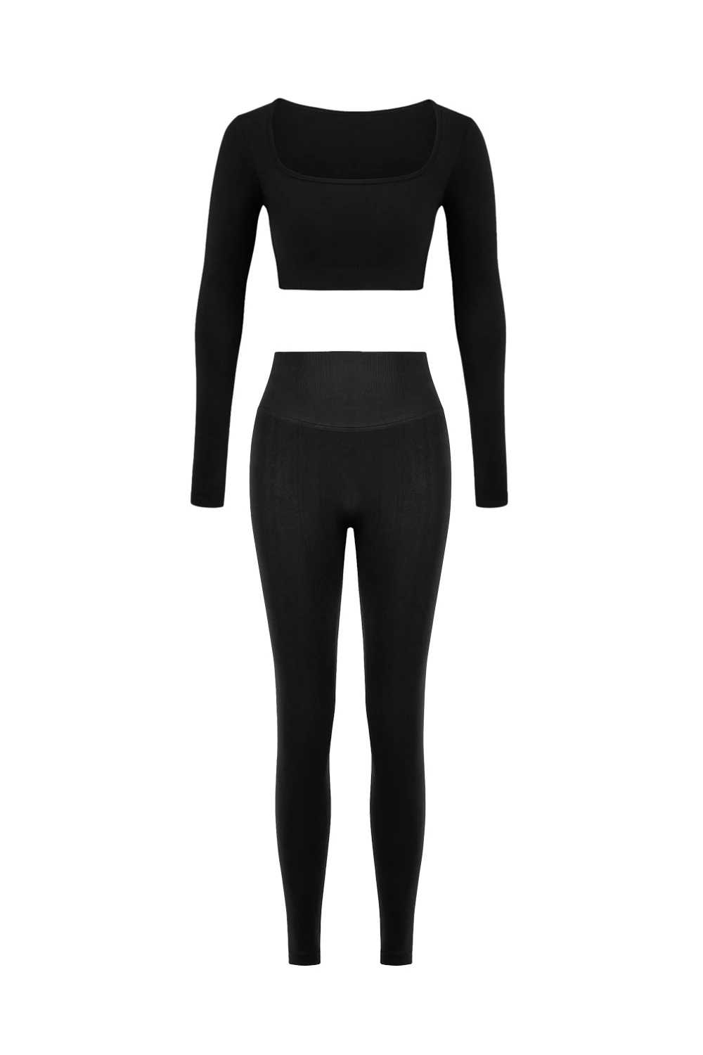 Parmak Geçirmeli Uzun Kollu Büstiyer Ve Push Up Tayt Takım - Siyah