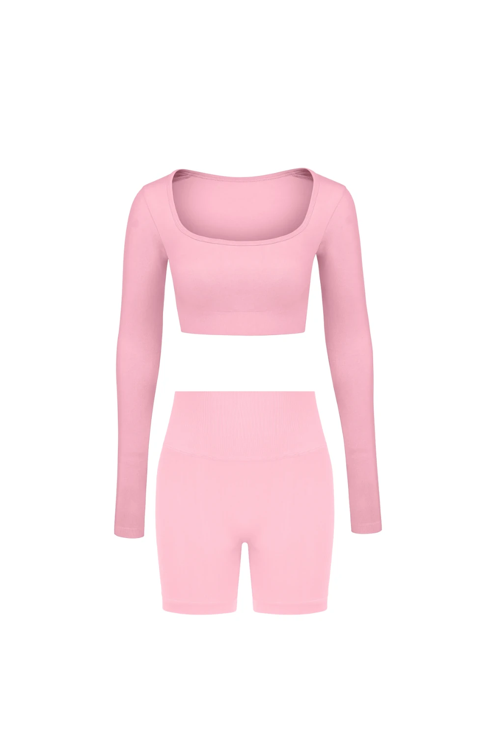 Parmak Geçirmeli Uzun Kollu Büstiyer Ve Push Up Şort Takım - Pembe