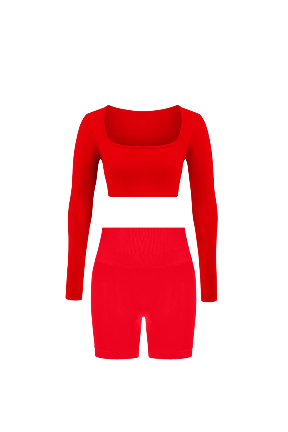 Parmak Geçirmeli Uzun Kollu Büstiyer Ve Push Up Şort Takım - Kırmızı