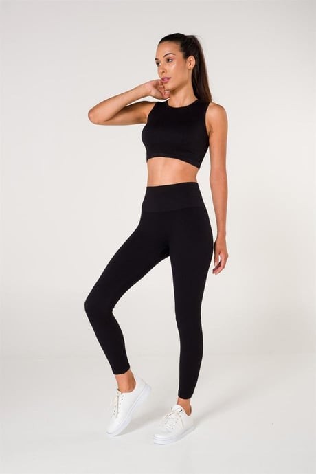 Fitilli Seamless/Dikişsiz Spor Büstiyer-Tayt Takım - Siyah