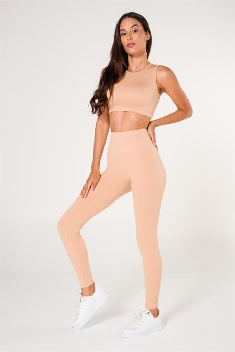 Fitilli Seamless/Dikişsiz Spor Büstiyer-Tayt Takım - Camel