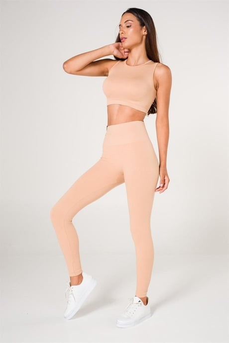 Fitilli Seamless/Dikişsiz Spor Büstiyer-Tayt Takım - Camel