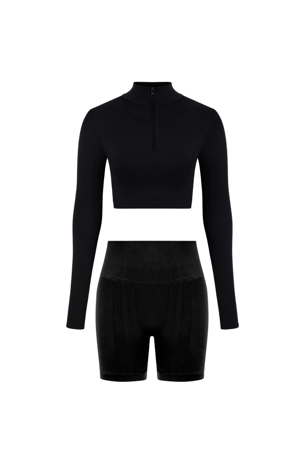 Uzun Kollu Yarım Fermuar Büstiyer Ve Push Up Şort Takım