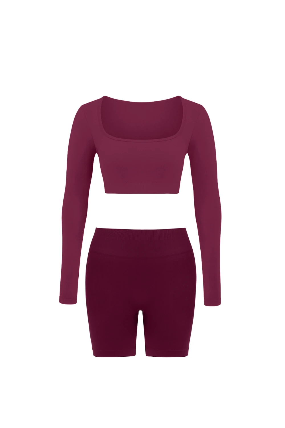 Parmak Geçirmeli Uzun Kollu Büstiyer Ve Push Up Şort Takım - Vişne