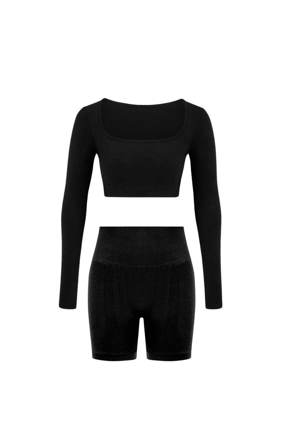 Parmak Geçirmeli Uzun Kollu Büstiyer Ve Push Up Şort Takım - Siyah