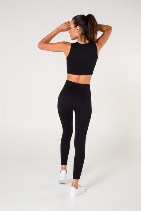 Fitilli Seamless/Dikişsiz Spor Büstiyer-Tayt Takım - Siyah