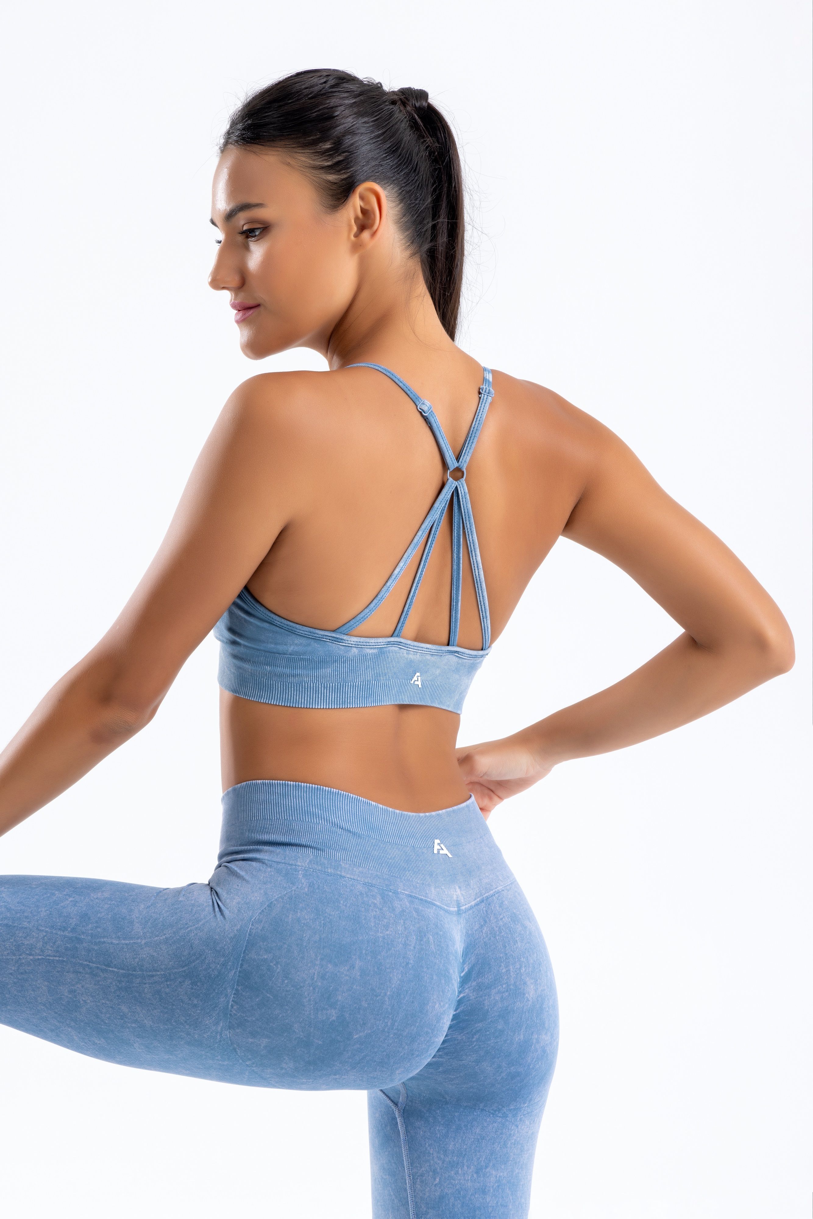 Çapraz Sırt Detaylı Ayar Askılı Destekli Seamless/Dikişsiz Spor Tayt Takım - Denim