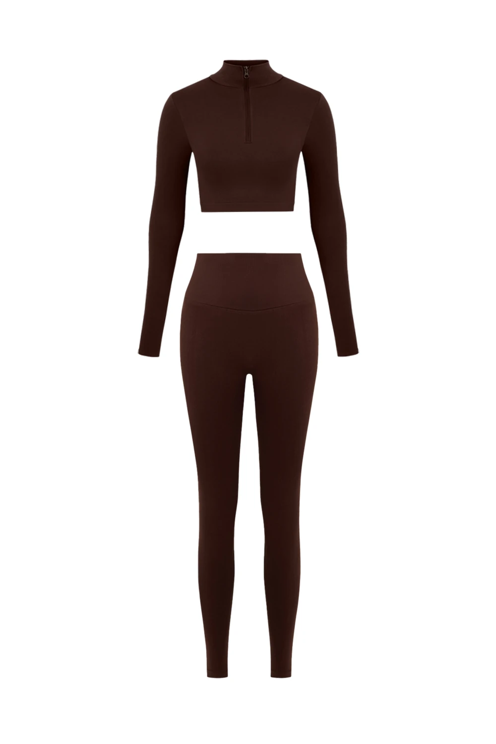 Uzun Kollu Yarım Fermuar Büstiyer Ve Push Up Tayt Takım - Acı Kahverengi