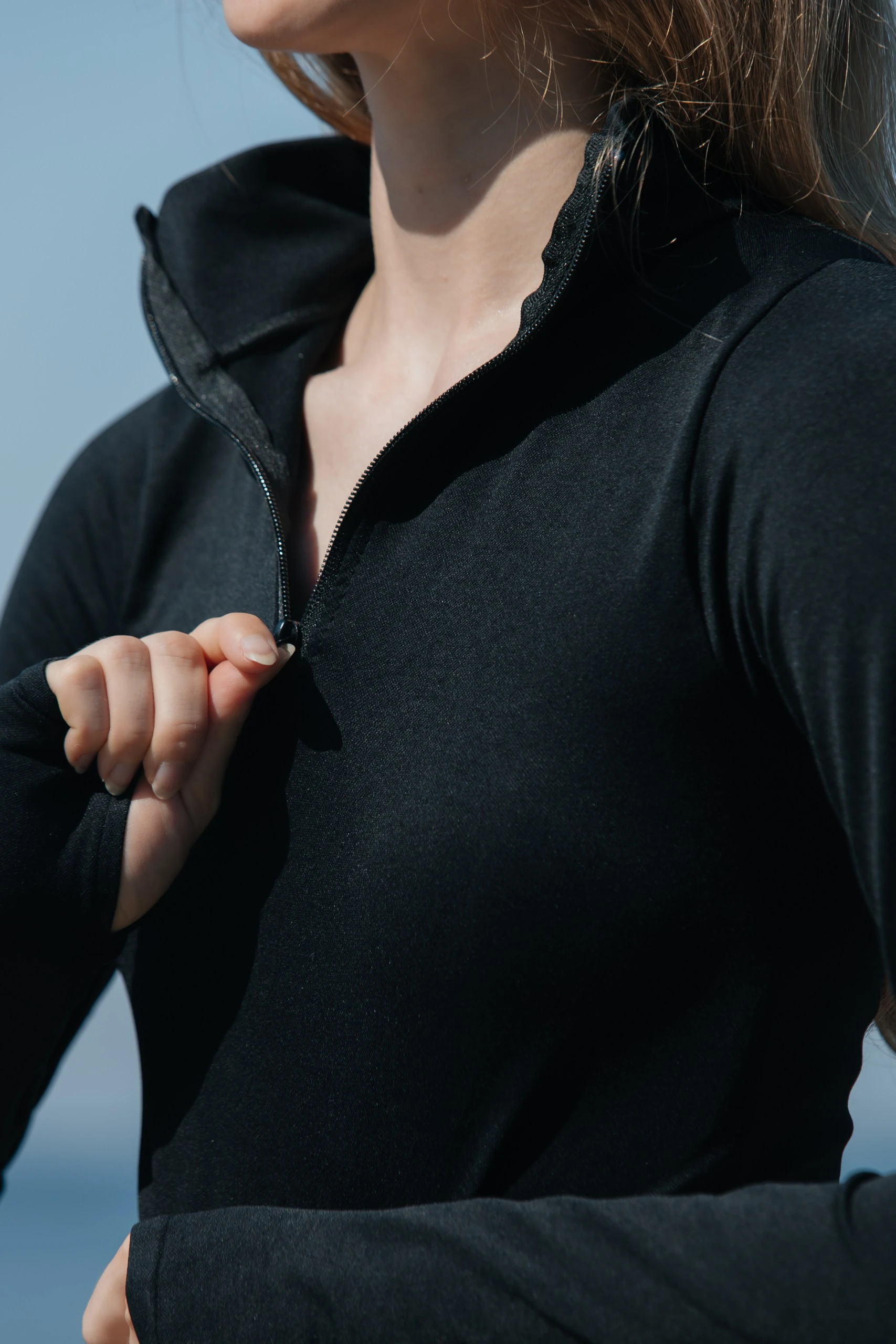 Uzun Kollu Yarım Fermuar Büstiyer Ve Push Up Şort Takım - Siyah