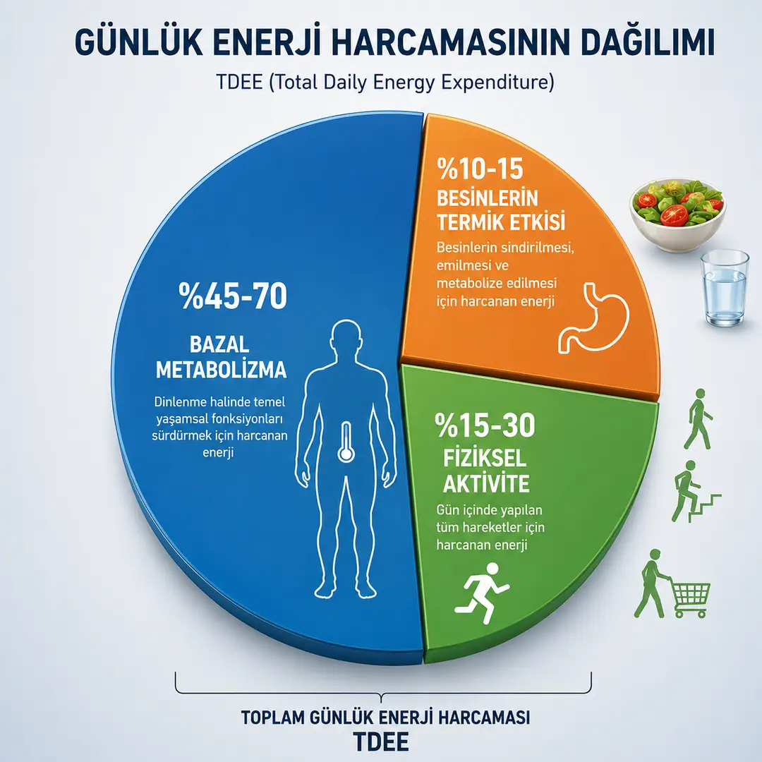 Günlük enerji harcamasının dağılımı bazal metabolizma, termik etki, aktivite.