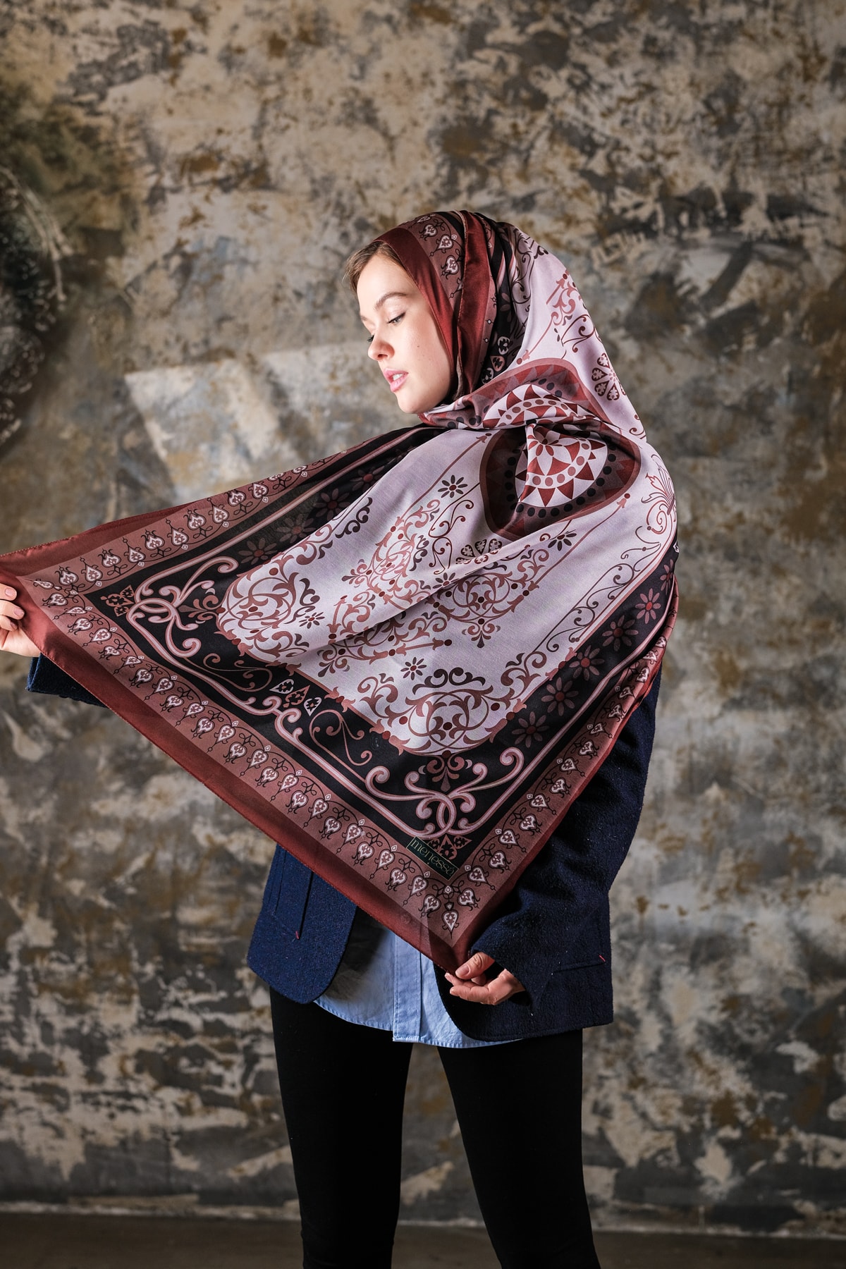 Noor Desen Soft Vual Şal Ekru Bordo