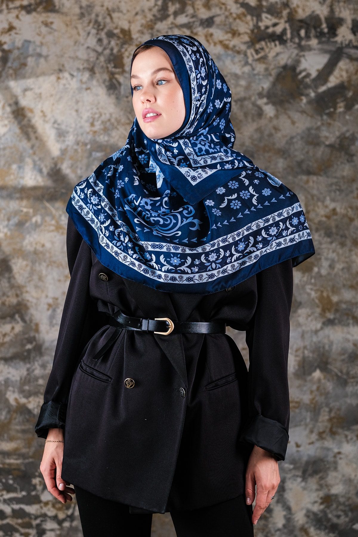 Kenz Desen Soft Vual Şal Lacivert