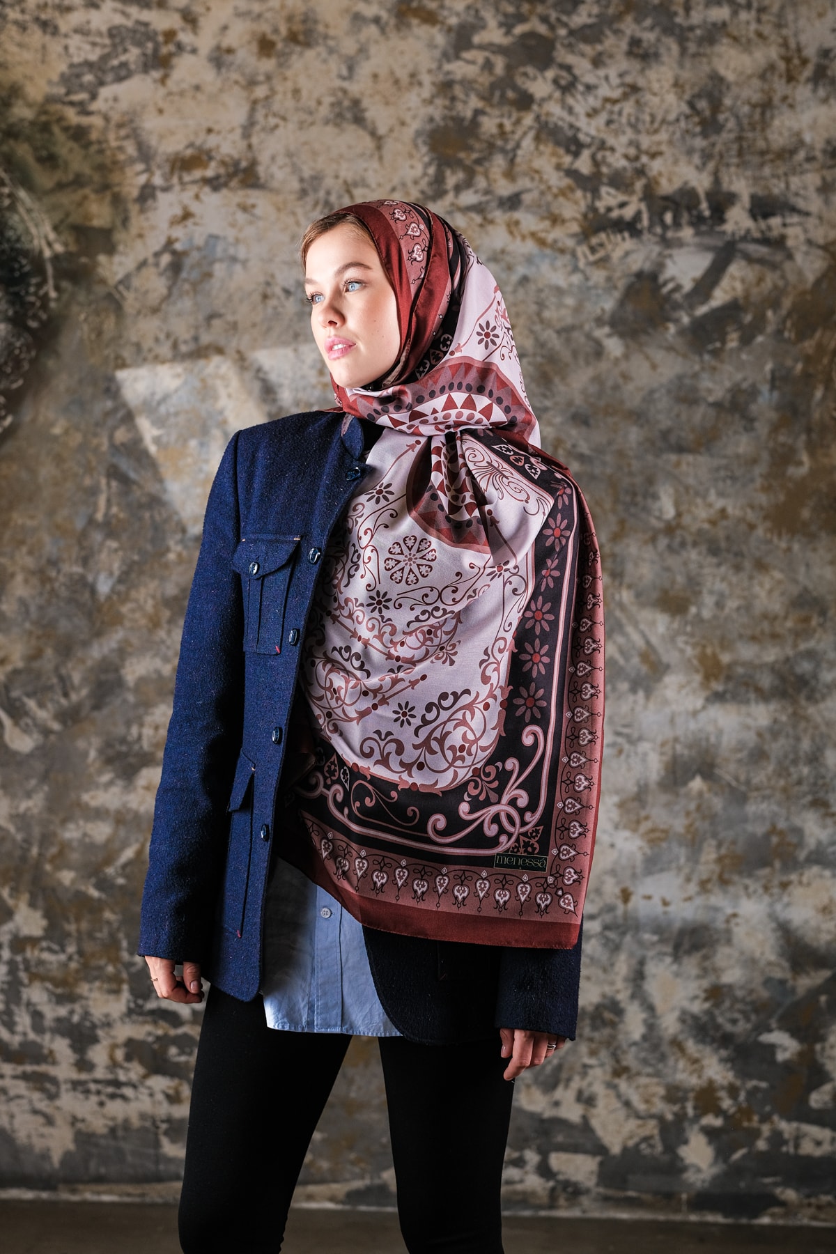 Noor Desen Soft Vual Şal Ekru Bordo