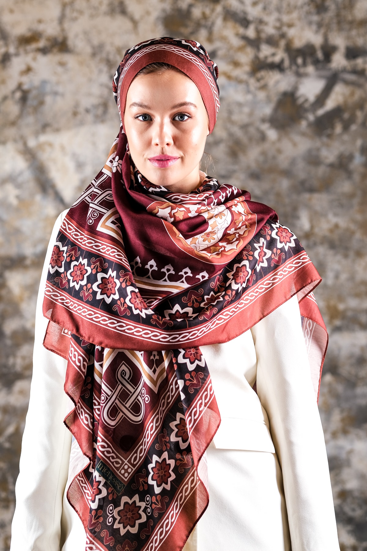 Nava Desen Soft Vual Şal Amber Bordo