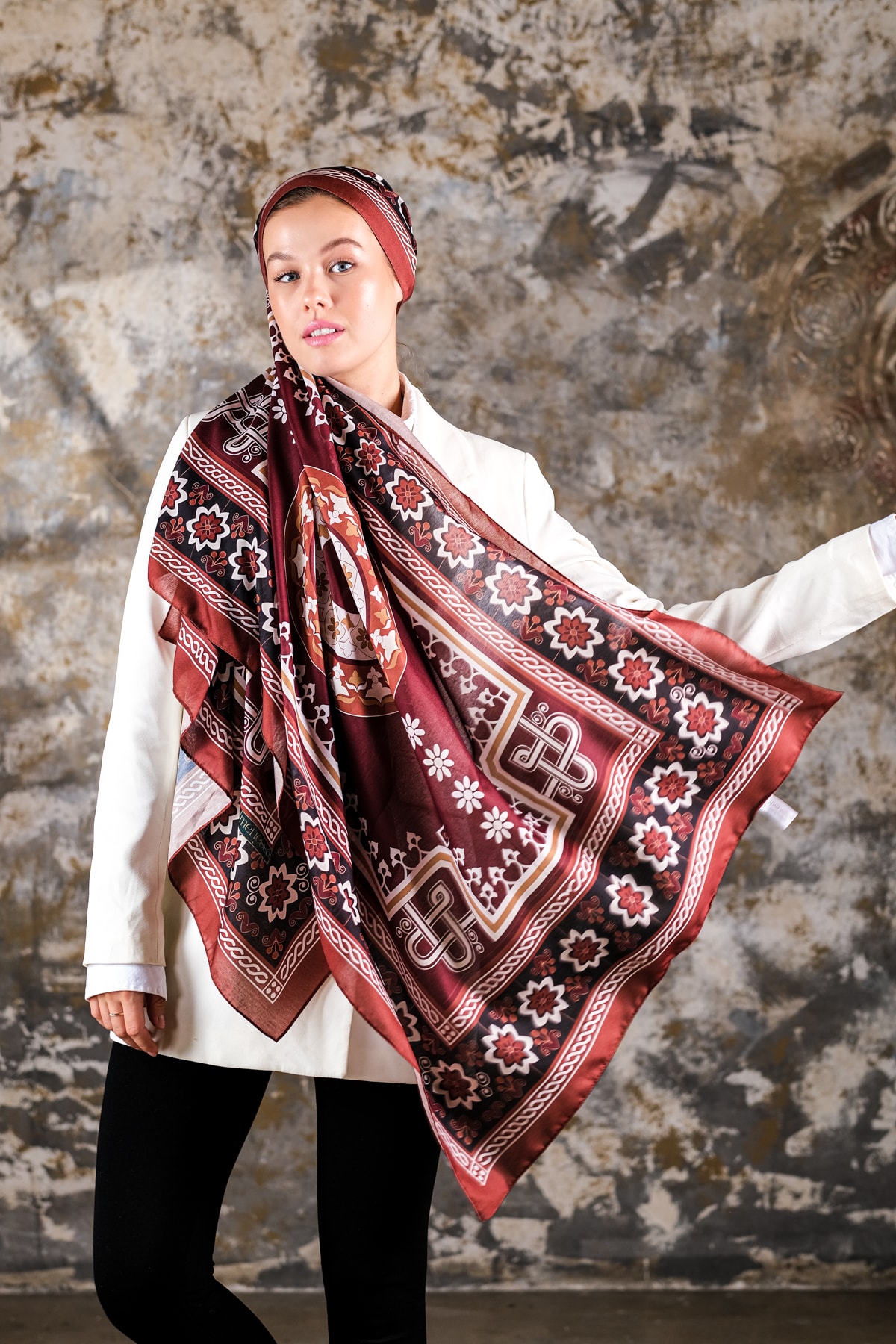 Nava Desen Soft Vual Şal Amber Bordo