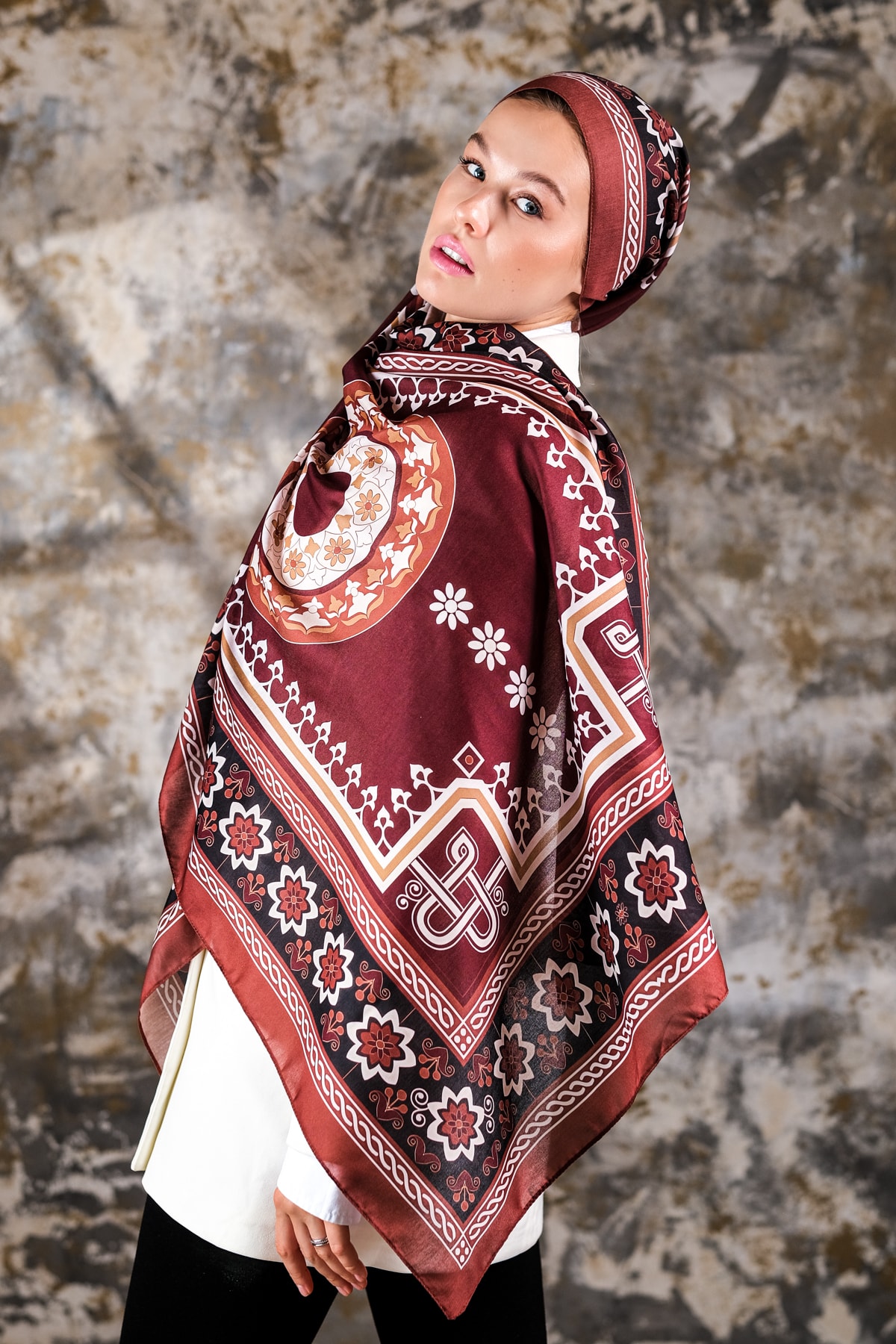 Nava Desen Soft Vual Şal Amber Bordo