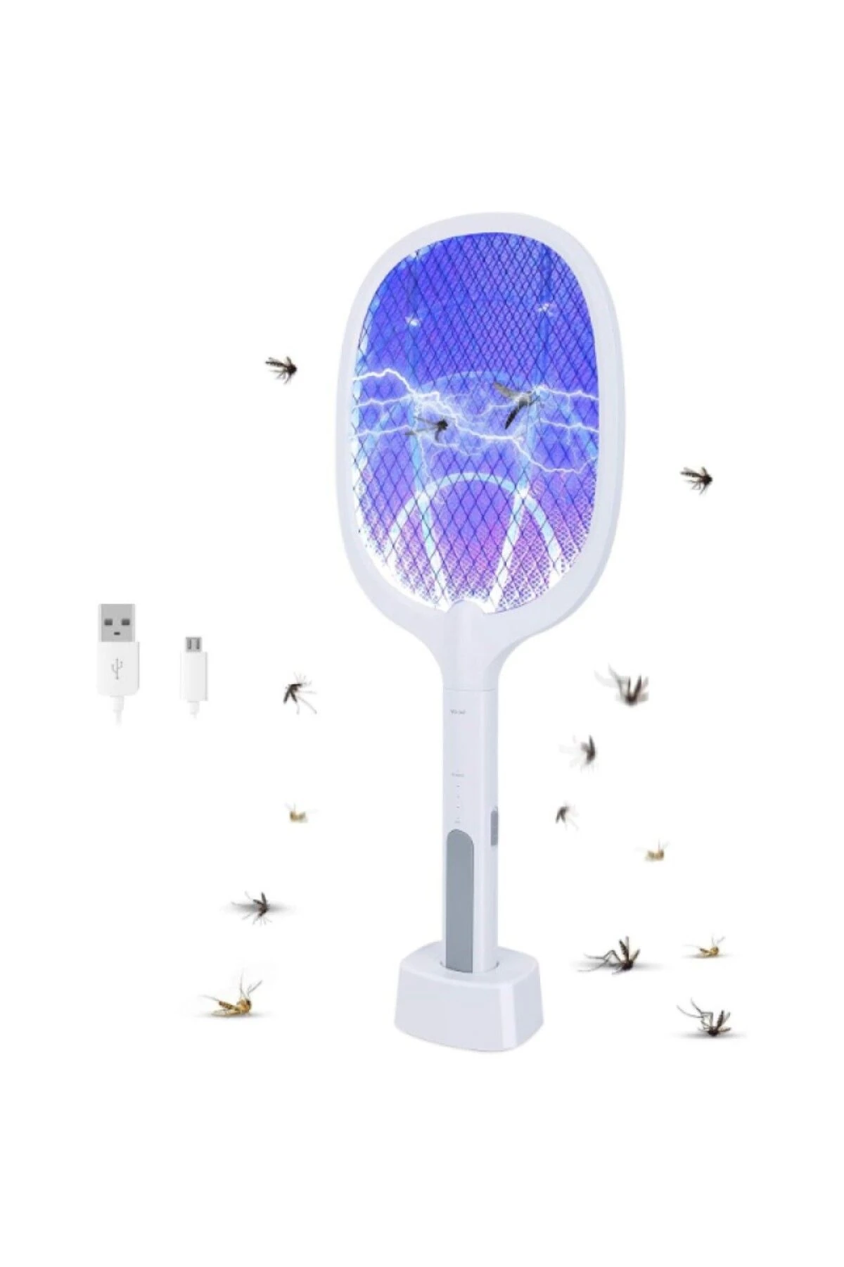 Masaüstü Standlı Şarjlı Sinek Öldürücü-Sinek Kovucu Raket / Mor ışıklı USB -Type-c girişli