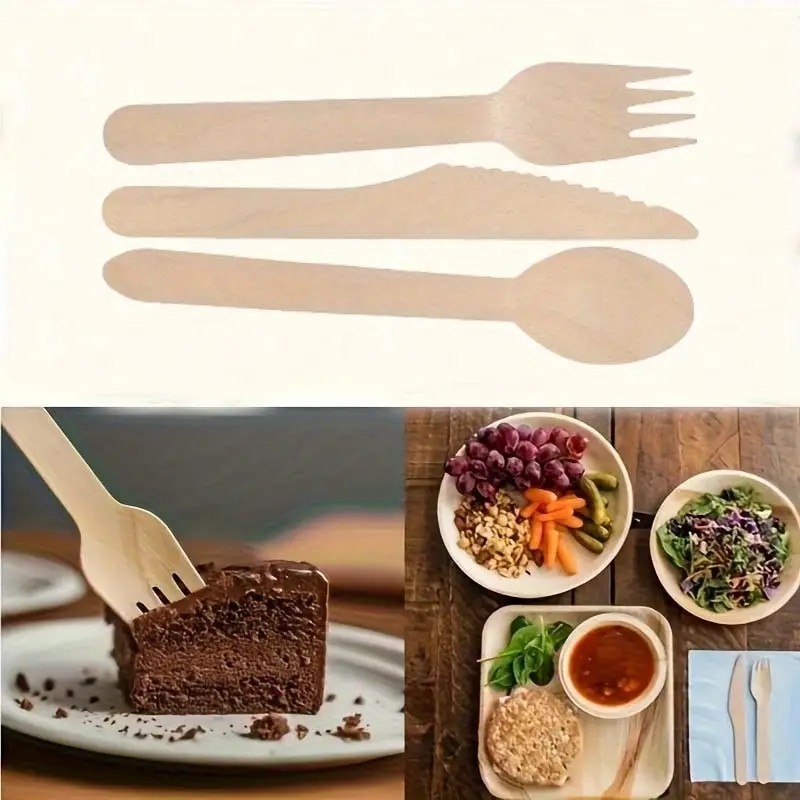24 Adet Kullan At Naturel Ahşap Tahta Çatal Kaşık Bıçak Seti Kamp,Piknik vb.