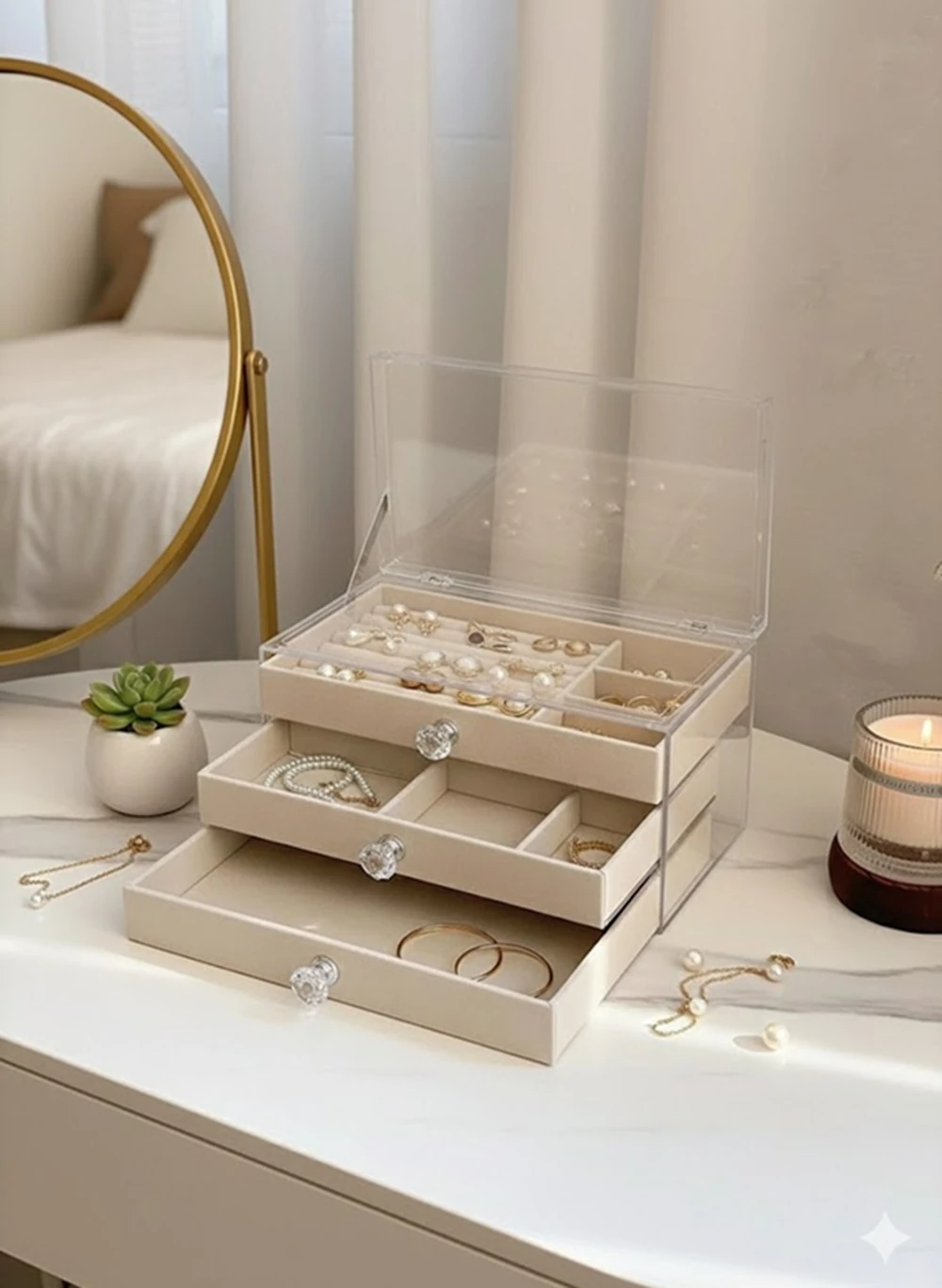 3 Katlı Lüks Modüler Takı Organizeri – Şeffaf Kapaklı Kadife Astarlı Çok Gözlü Mücevher Kutusu