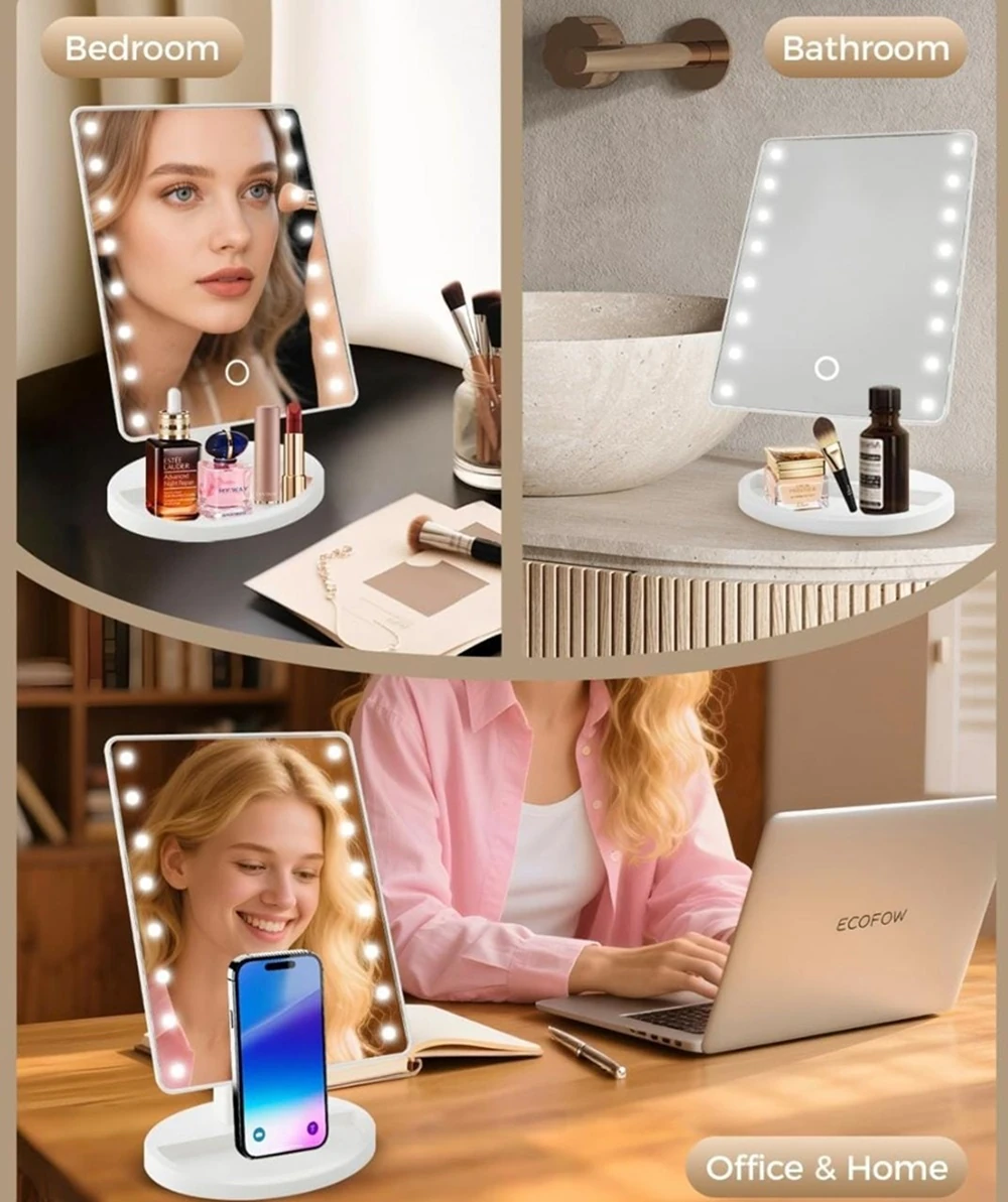 USB Şarjlı LED Işıklı Makyaj Aynası – 180° Döner Başlıklı, Parlaklık Ayarlı, Dokunmatik Masaüstü Vanity Mirror