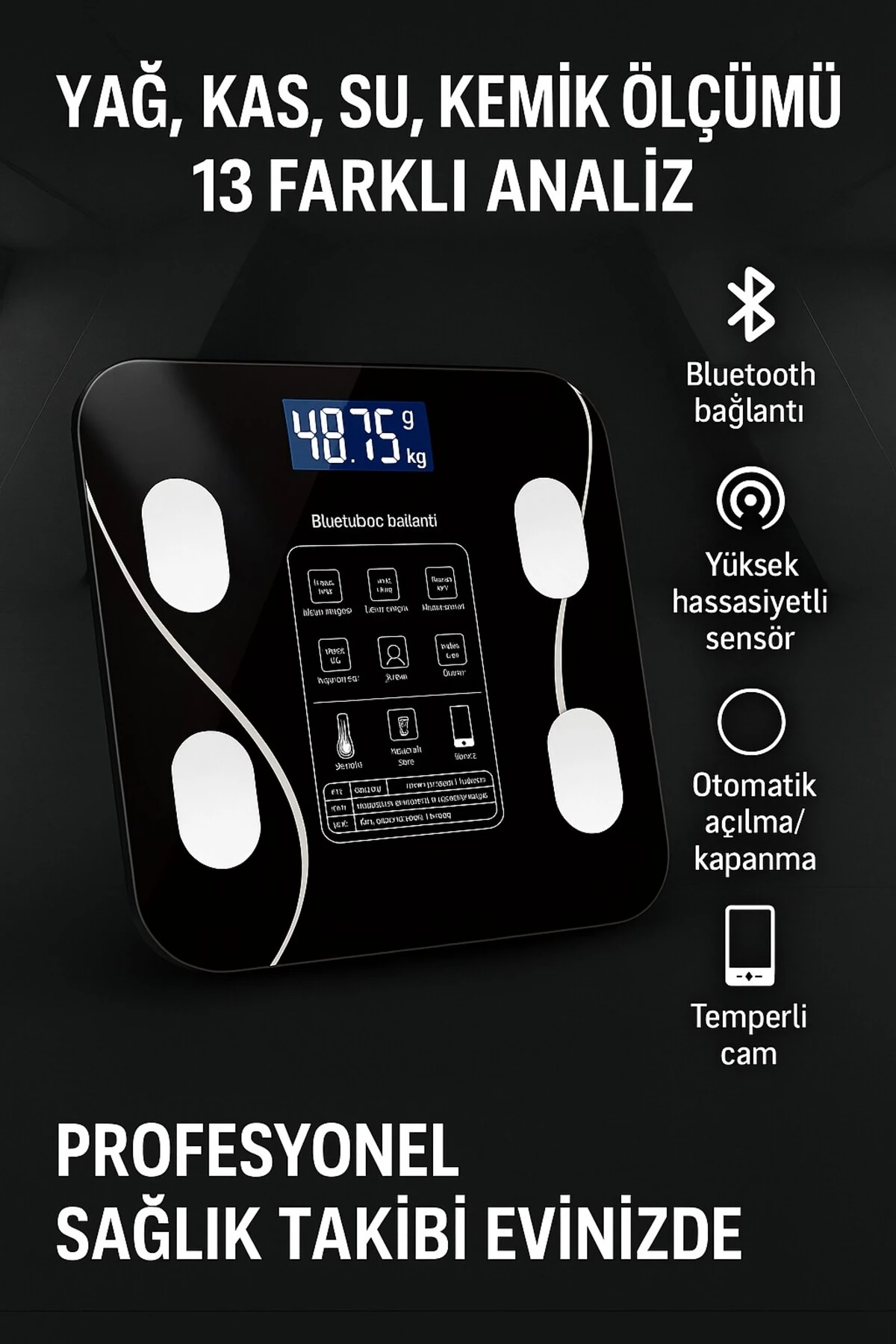 Yağ Kas Değerlerini Ölçen Profesyonel Bluetooth Bağlantılı Baskül Kişisel Verileri Gösteren Tartı