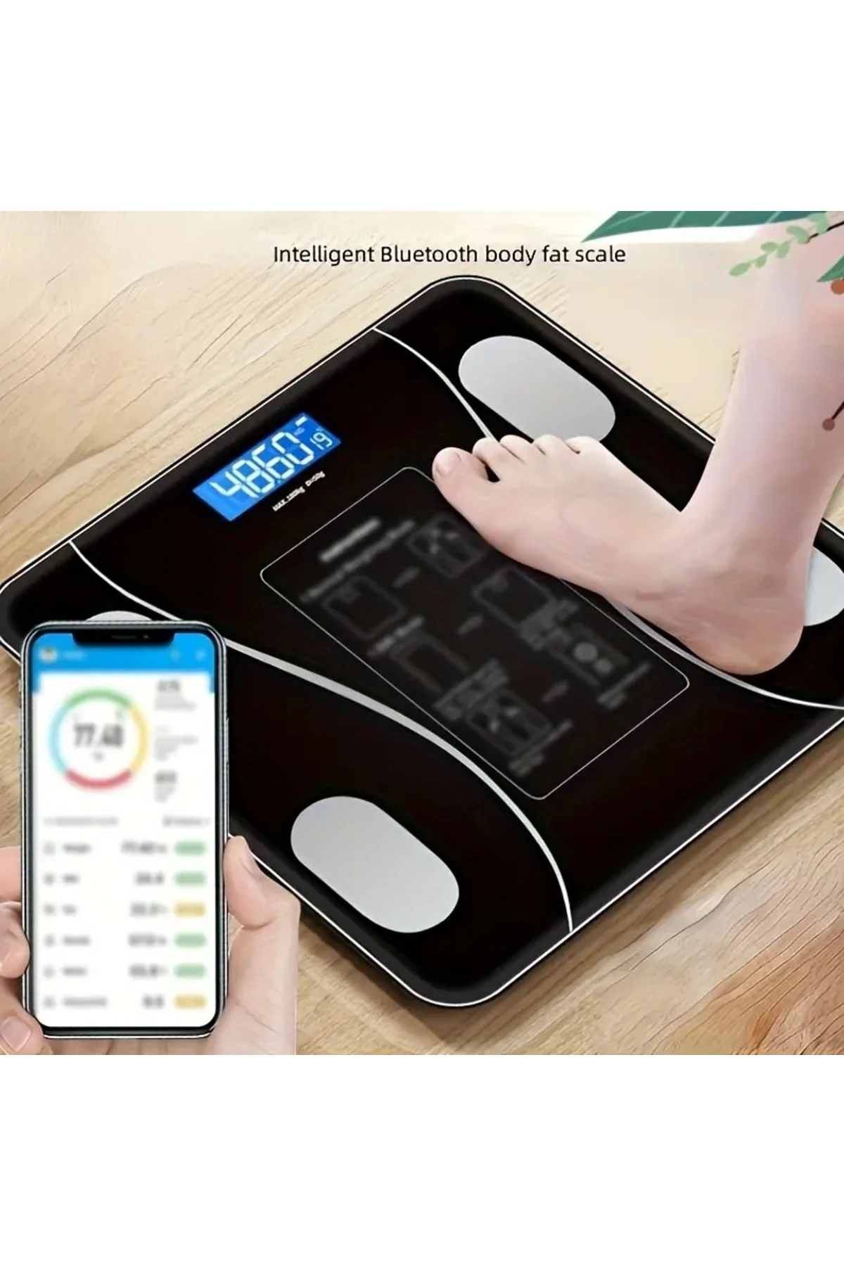 Yağ Kas Değerlerini Ölçen Profesyonel Bluetooth Bağlantılı Baskül Kişisel Verileri Gösteren Tartı